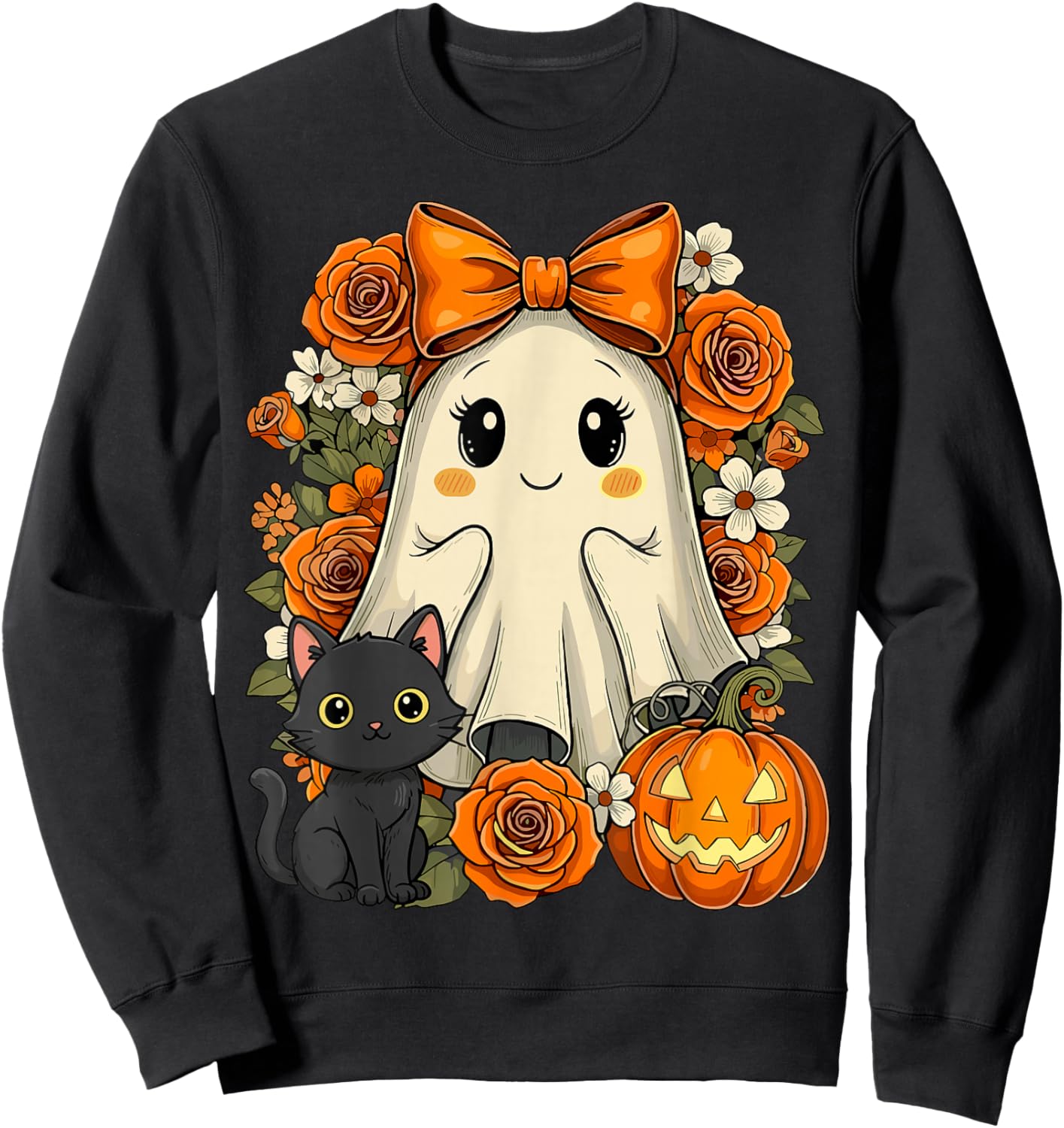 Kawaii Ghost Cat Pumpkin Floral Halloween Sweatshirt - Sweatshirt | Black