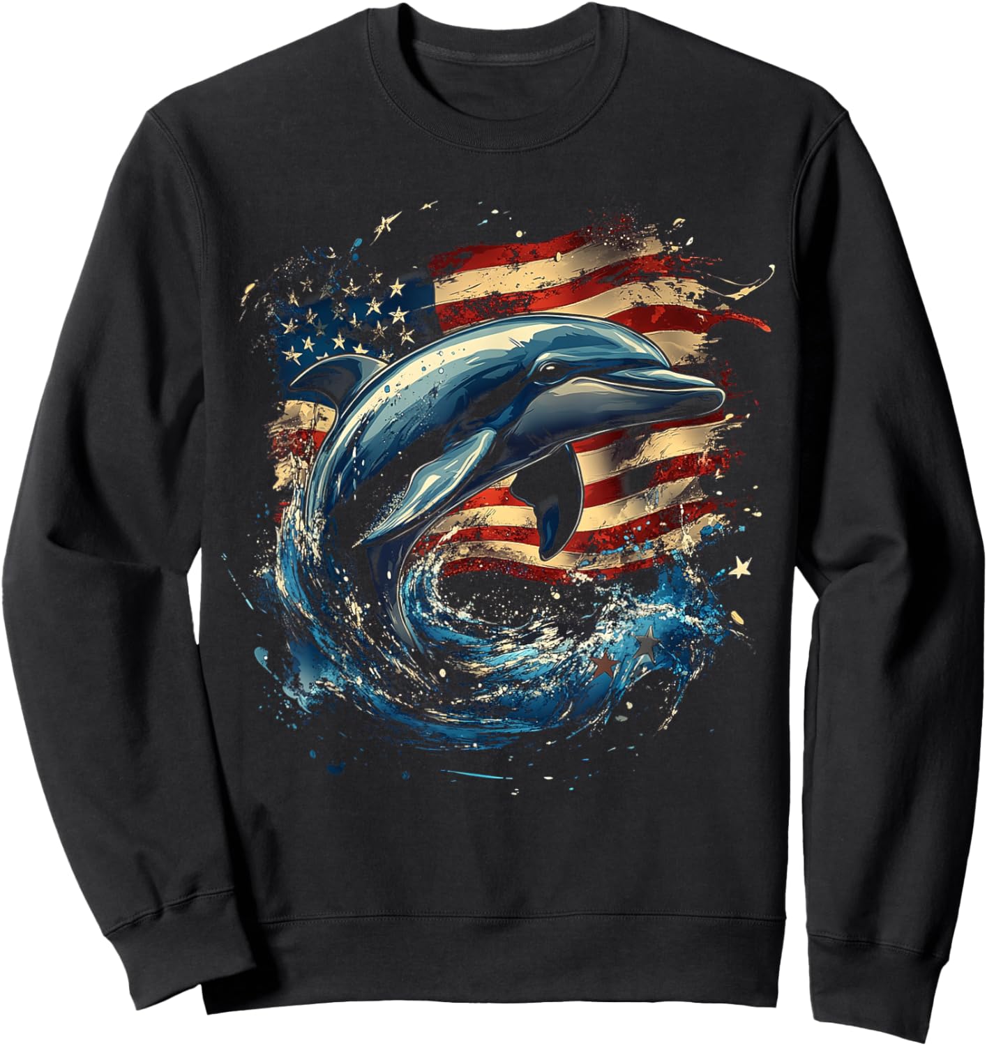 Patriotic Dolphin with American Flag Design Sweatshirt - Sweatshirt | Black