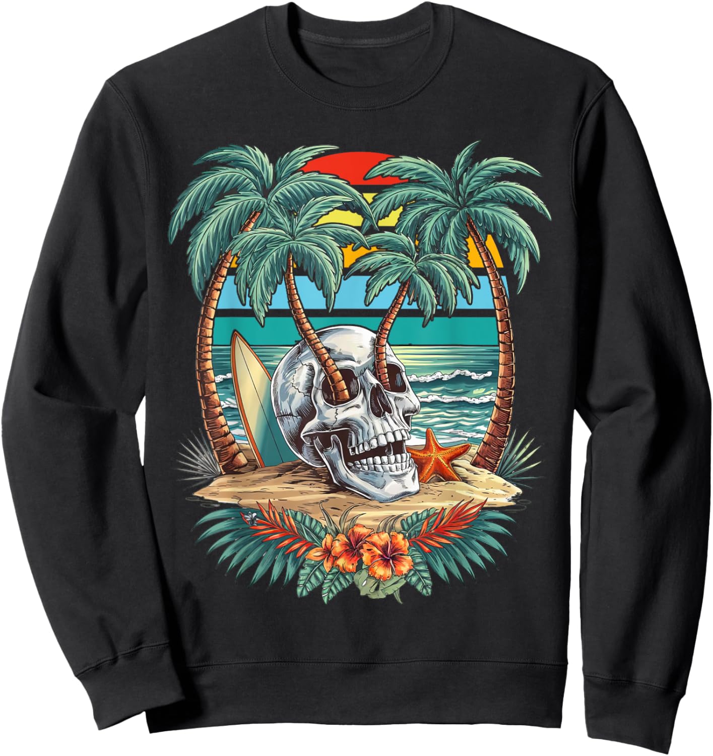 Vintage Palm Tree Skull Summer Beach Men Motorcycle Tattoo Sweatshirt - Sweatshirt | Black