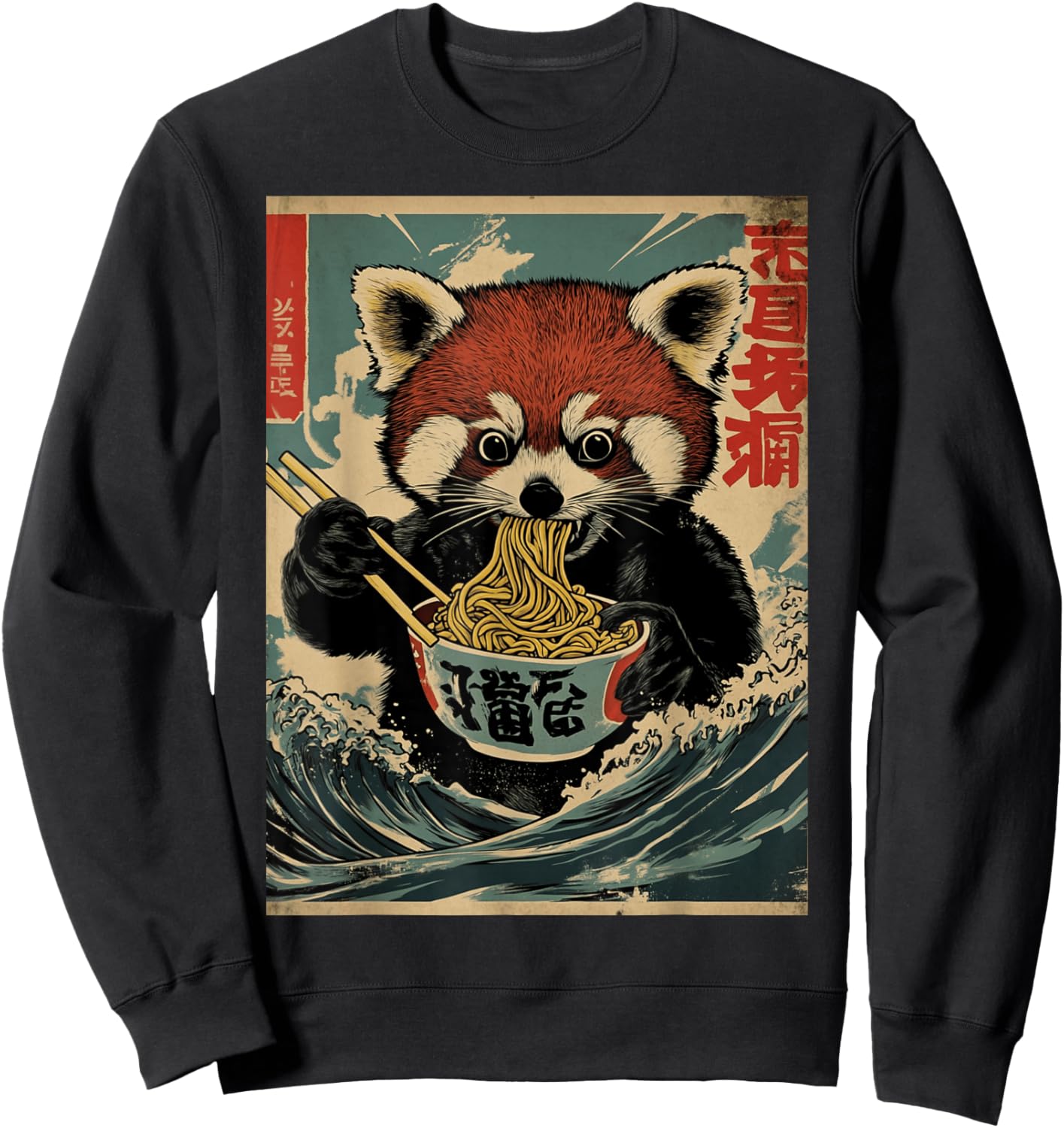 Hungry Red Panda Eating Ramen Noodles Japanese Art Style Sweatshirt - Sweatshirt | Black