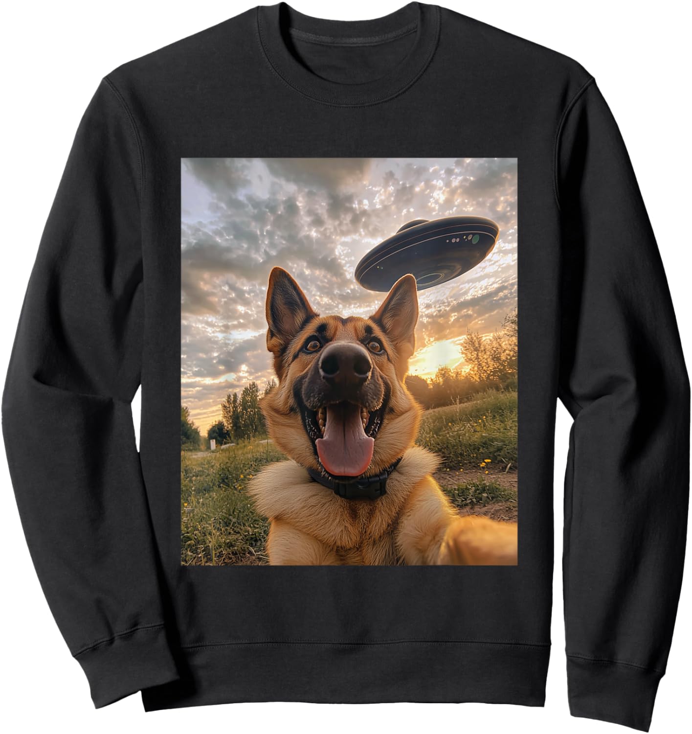 German Shepherd Dog Selfie with UFOs Aliens Funny Graphic Sweatshirt - Sweatshirt | Black