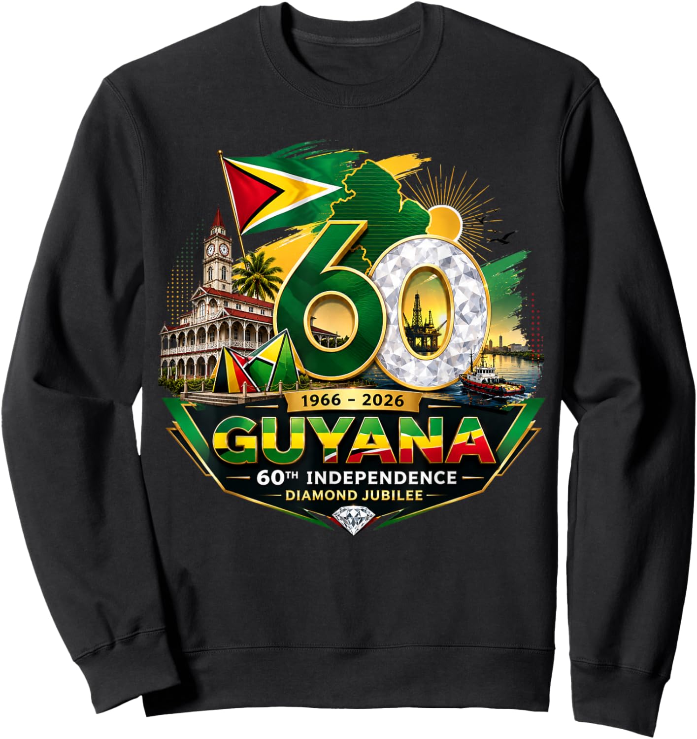 Celebrating 60 Years of Independence Guyana Diamond Jubilee Sweatshirt - Sweatshirt | Black