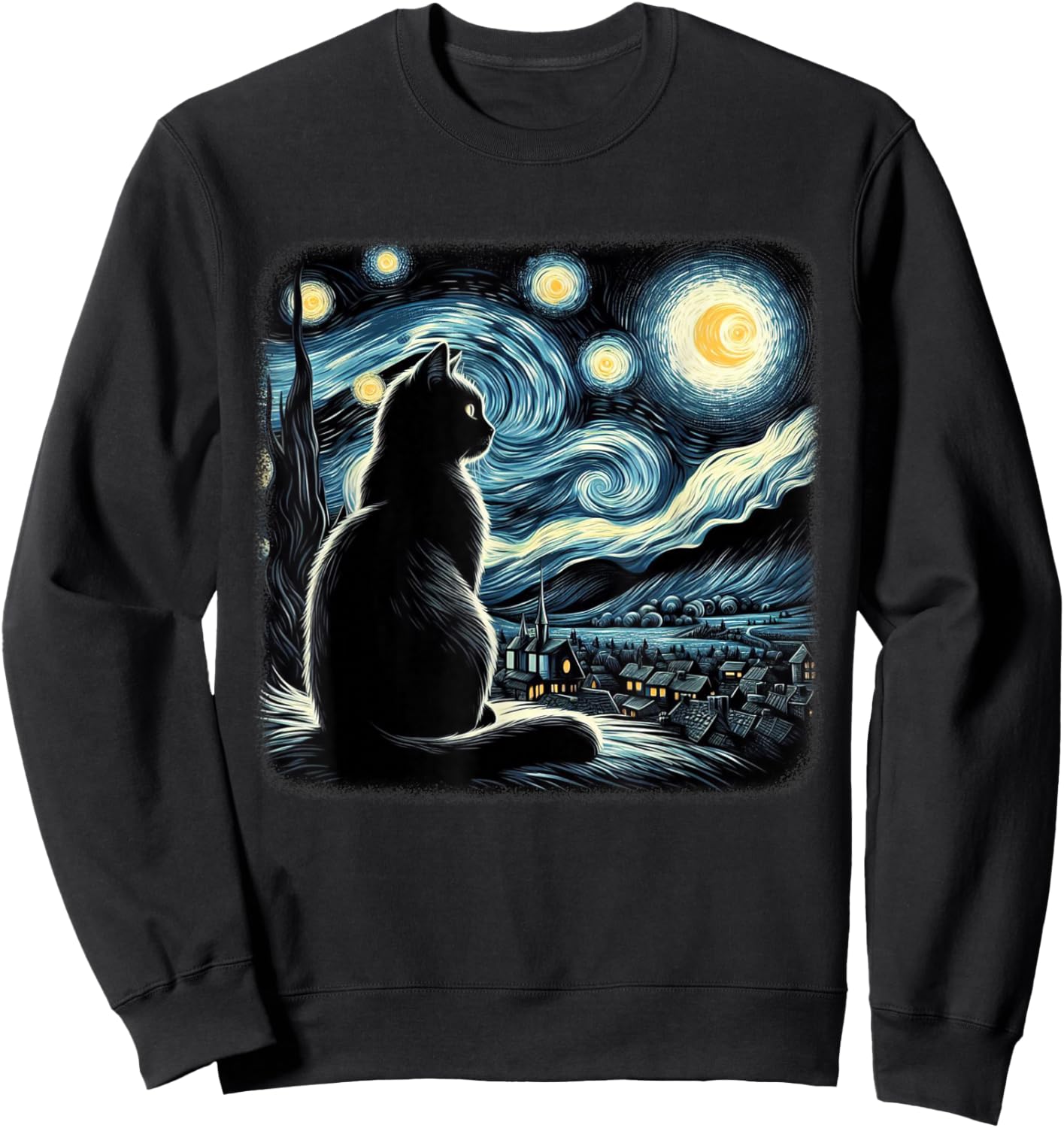 Van Gogh Starry Night Cat Art For Cat Lovers Cat Mom Cat Dad Sweatshirt - Sweatshirt | Black