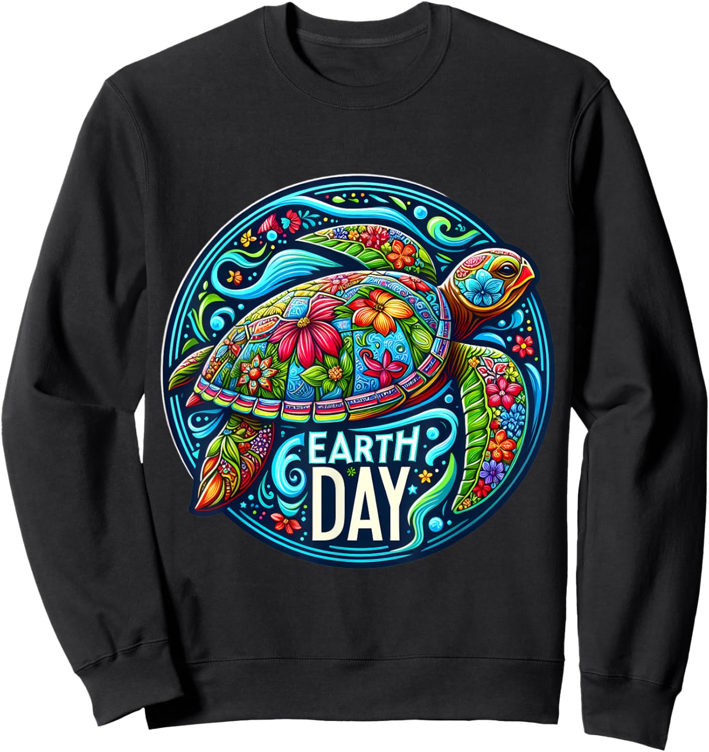 Floral Sea Turtle Earth Day Planet Art Animal Lover Artistic Sweatshirt - Sweatshirt | Black