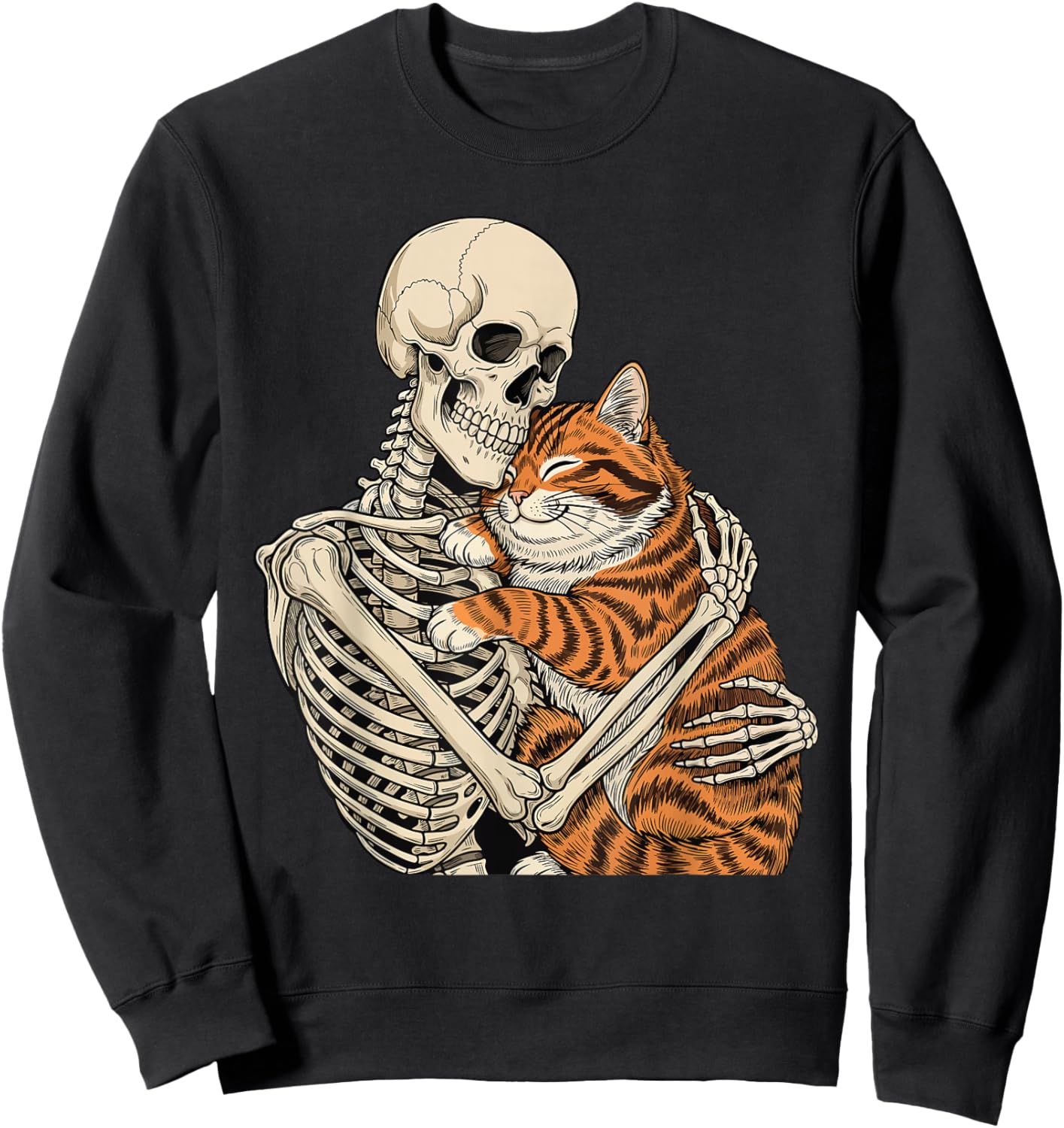 Skeleton Hugging Cat - Spooky Halloween Cat Lover Kitty Sweatshirt - Sweatshirt | Black