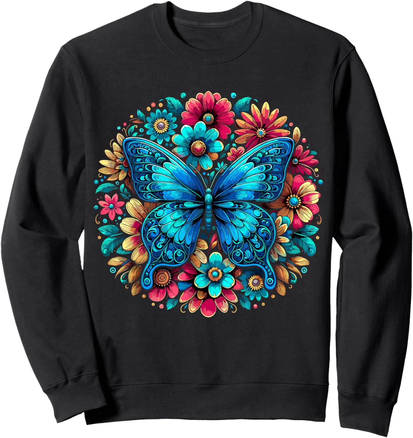 Butterfly With Flowers Aesthetic Butterfly Sweatshirt - Sweatshirt | Black