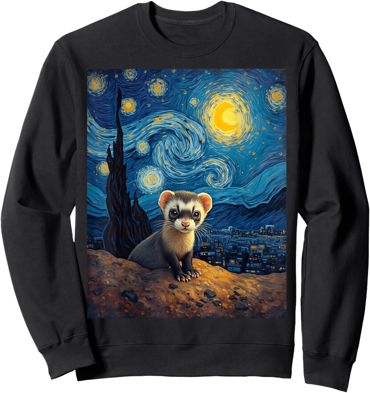 Van Gogh's Starry Night Black-Footed Ferret Prairie Ghost Sweatshirt - Sweatshirt | Black