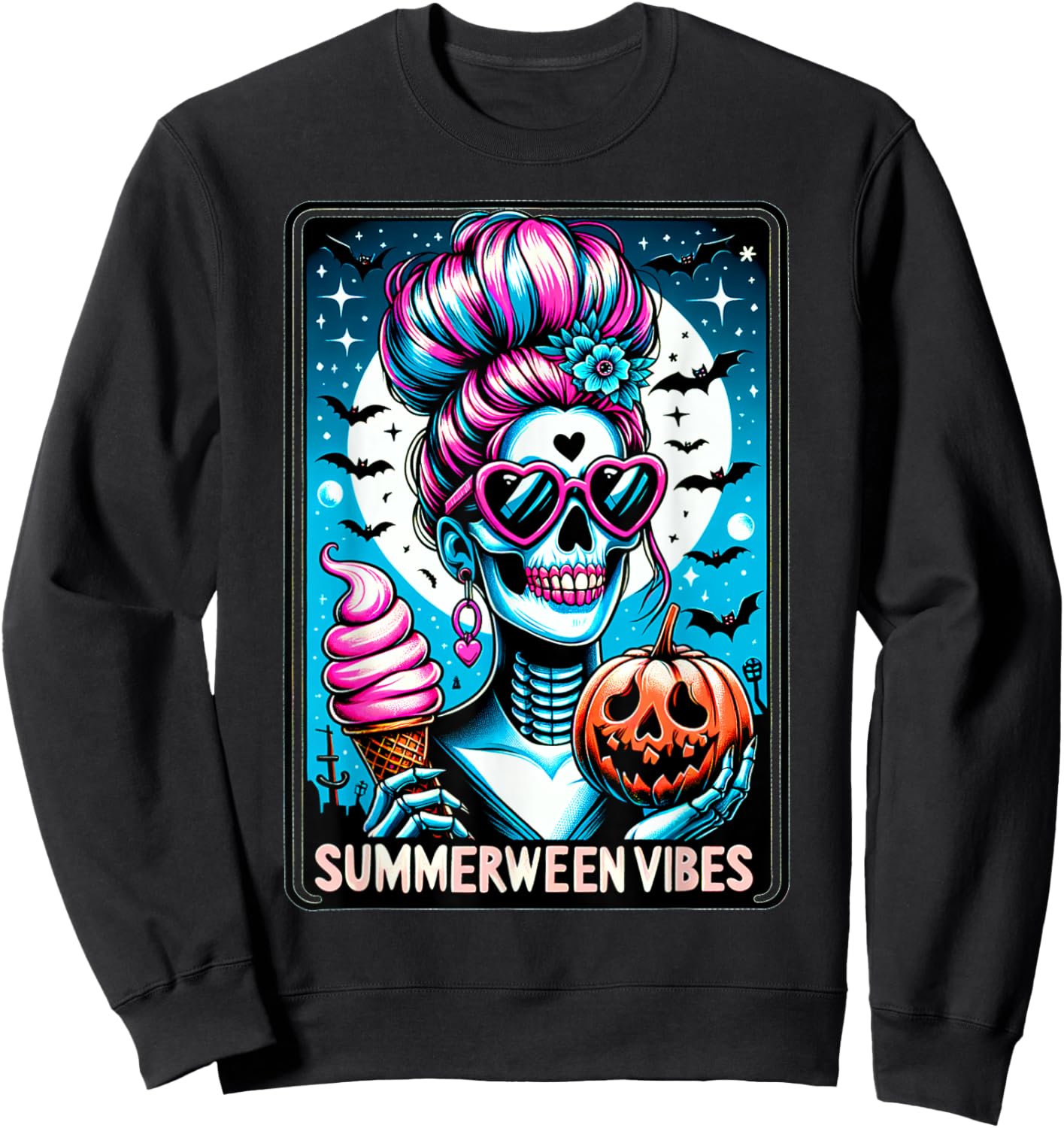 Summerween Vibes Skeleton Ice Cream Summer Vacation Funny Sweatshirt - Sweatshirt | Black