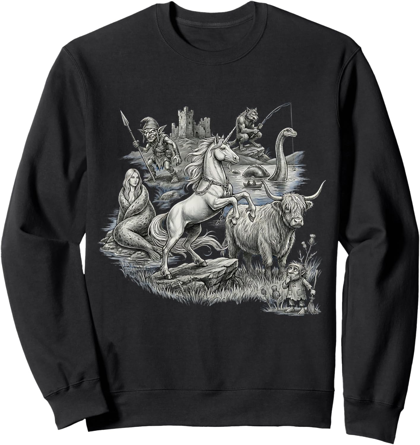 Scottish Folklore Mythical Creatures Unicorn Nessie Selkie Sweatshirt - Sweatshirt | Black