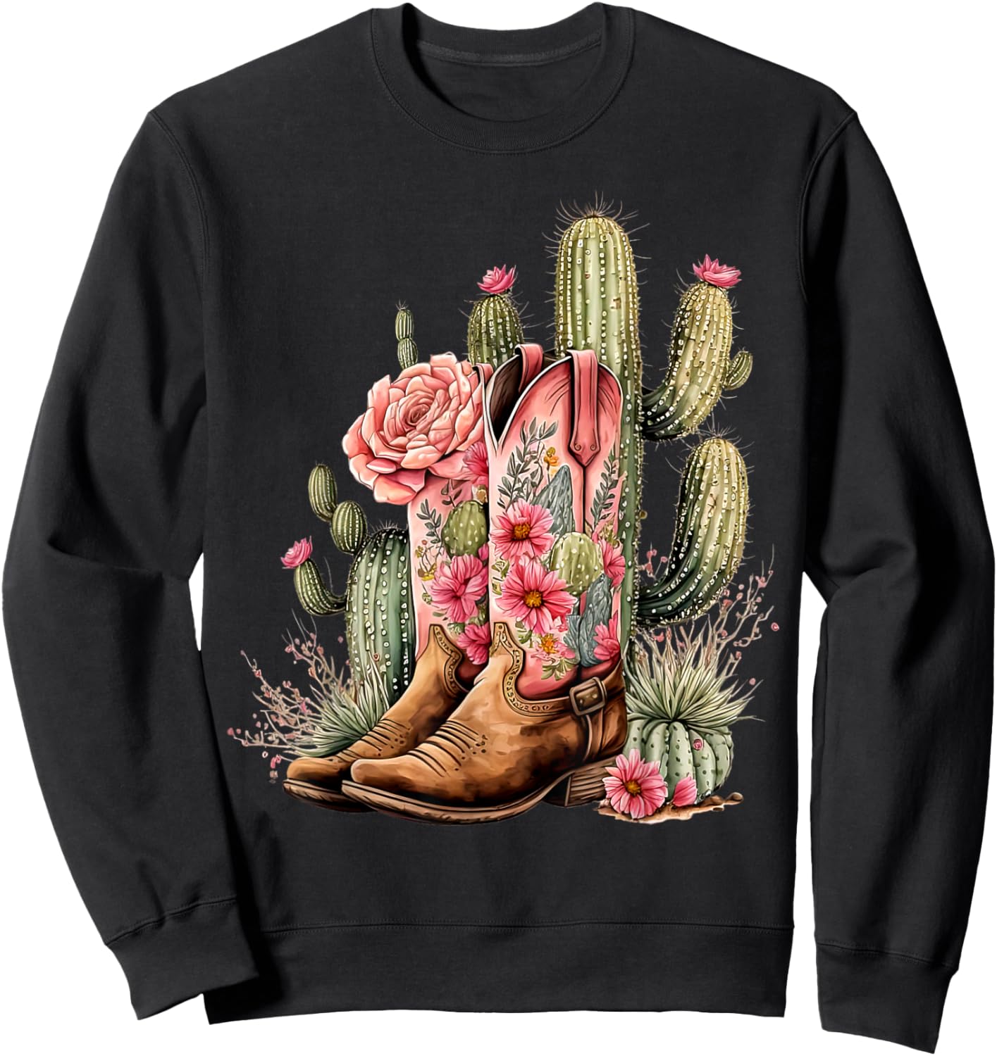 Retro Cowgirl Boots Floral Cactus Western Flower Teen Girls Sweatshirt - Sweatshirt | Black