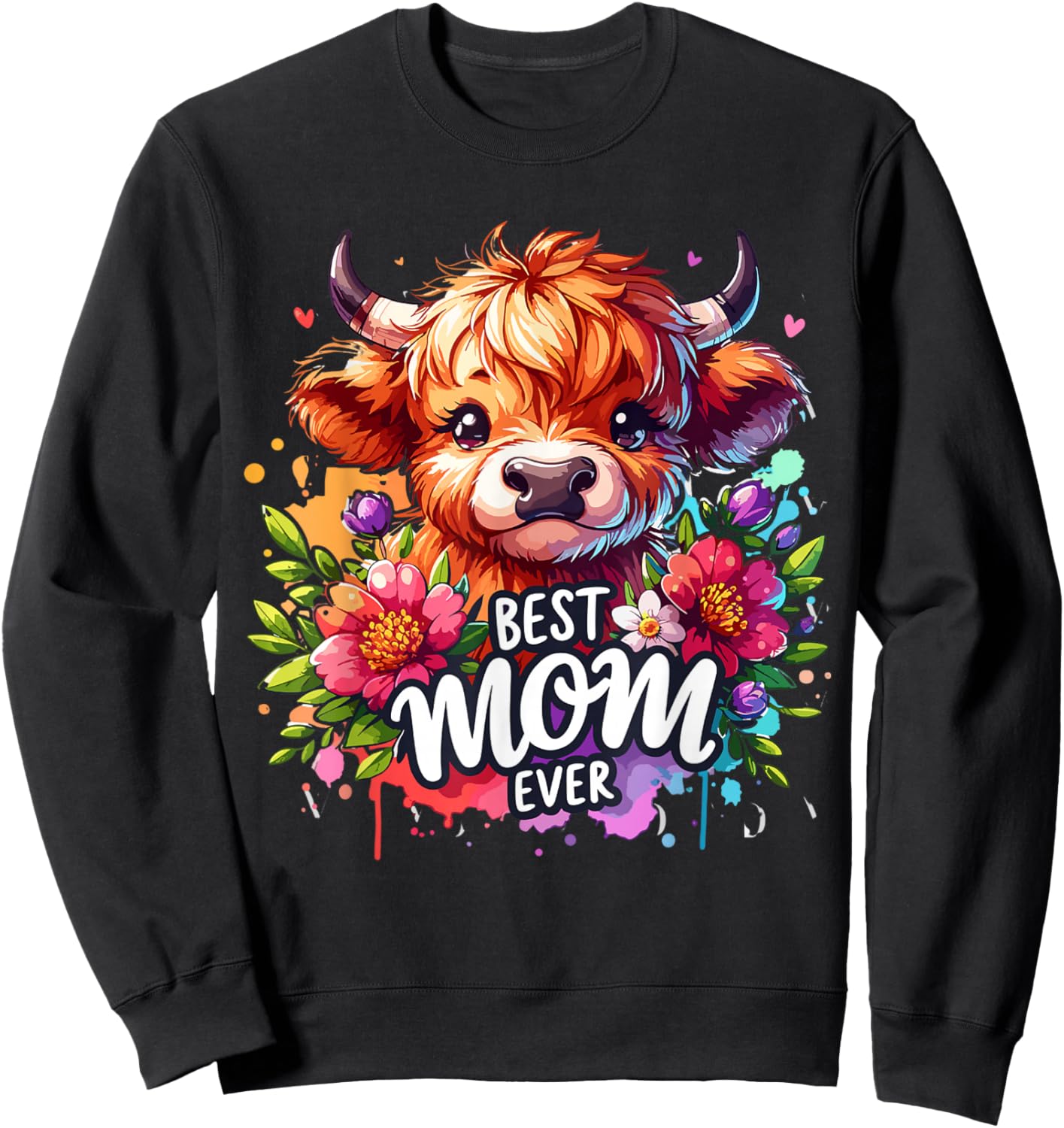 Best Mom Ever Highland Cow Floral Mother's Day Sweatshirt - Sweatshirt | Black