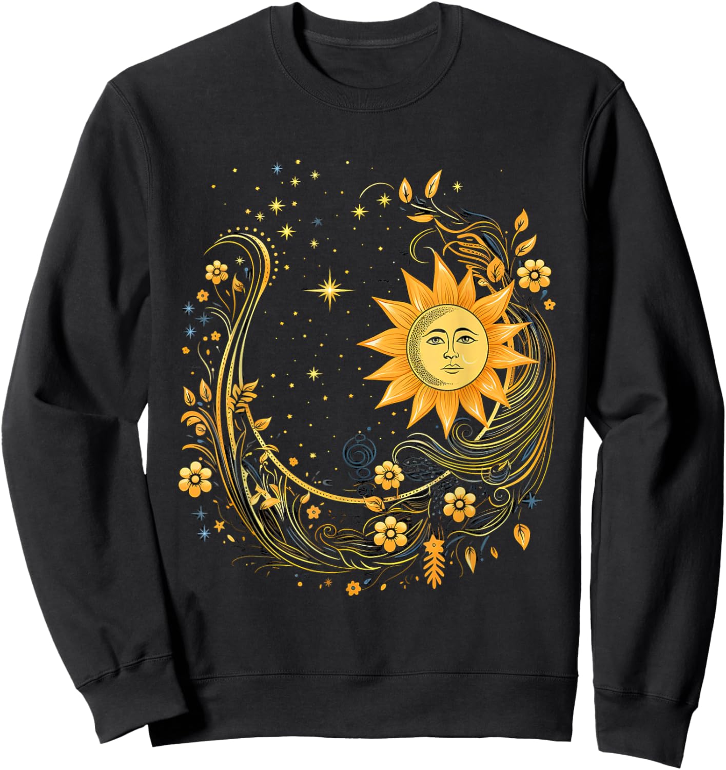 Mystical Sun and Moon with Woman Mystical Flowers Aesthetic Sweatshirt - Sweatshirt | Black