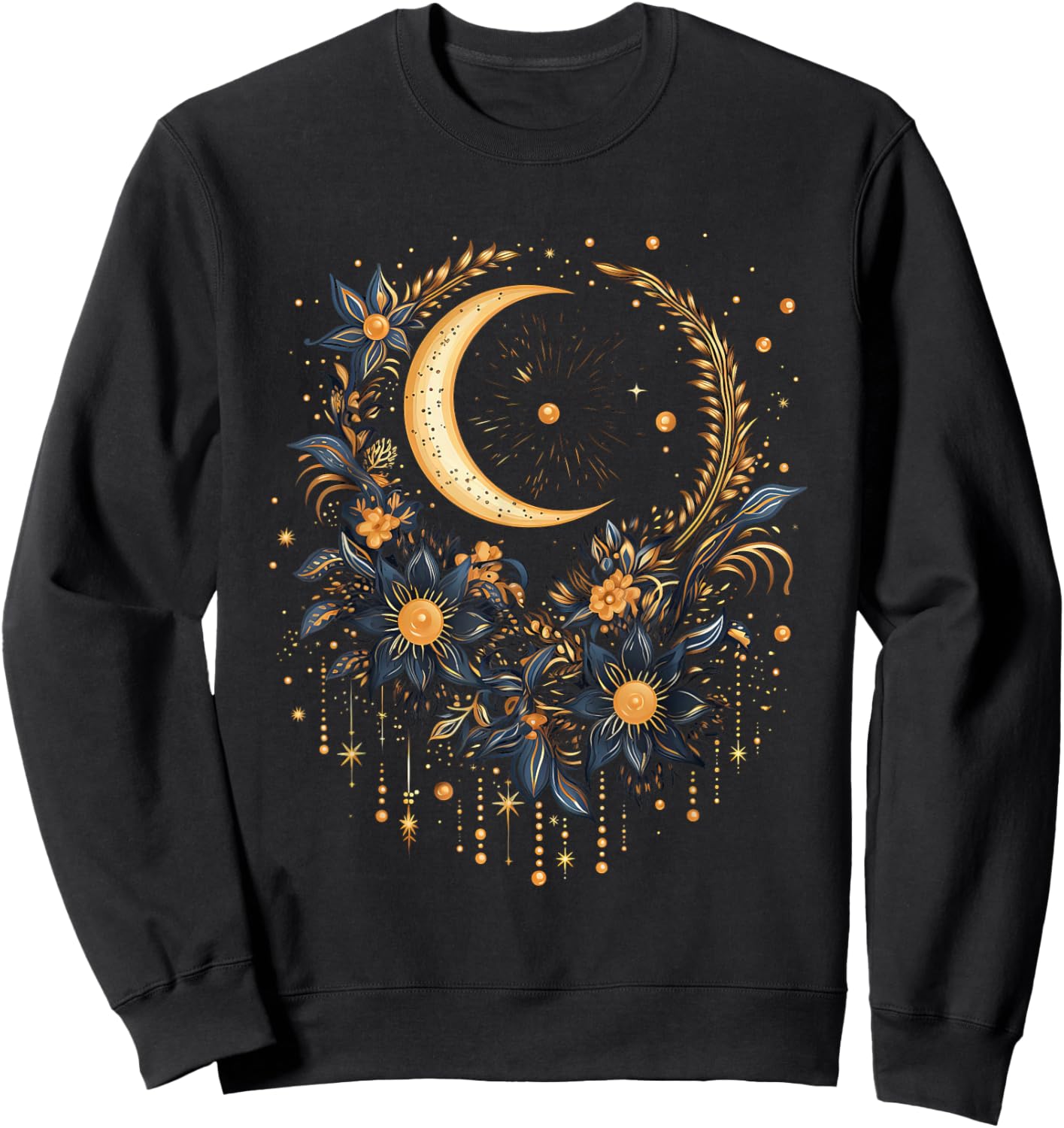 Mystical Sun and Moon with Woman Mystical Flowers Aesthetic Sweatshirt - Sweatshirt | Black