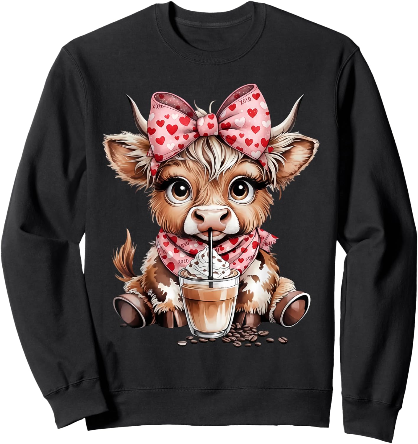 Valentine Highland Cow Cute Cow Drinking Coffee Girls Women Sweatshirt - Sweatshirt | Black