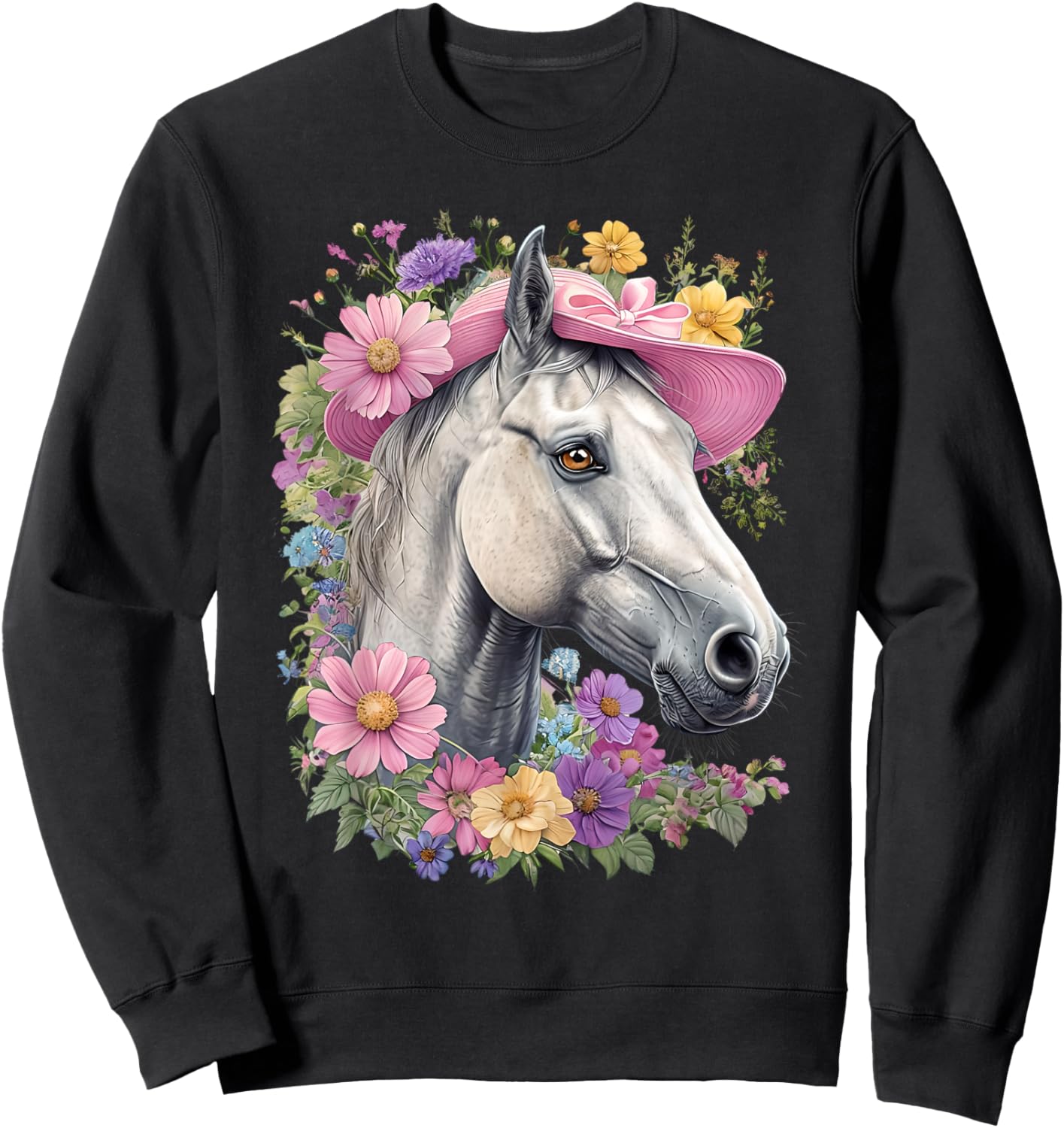 Derby Horse With Pink Sun Hat Women's Horse Racing Design Sweatshirt - Sweatshirt | Black