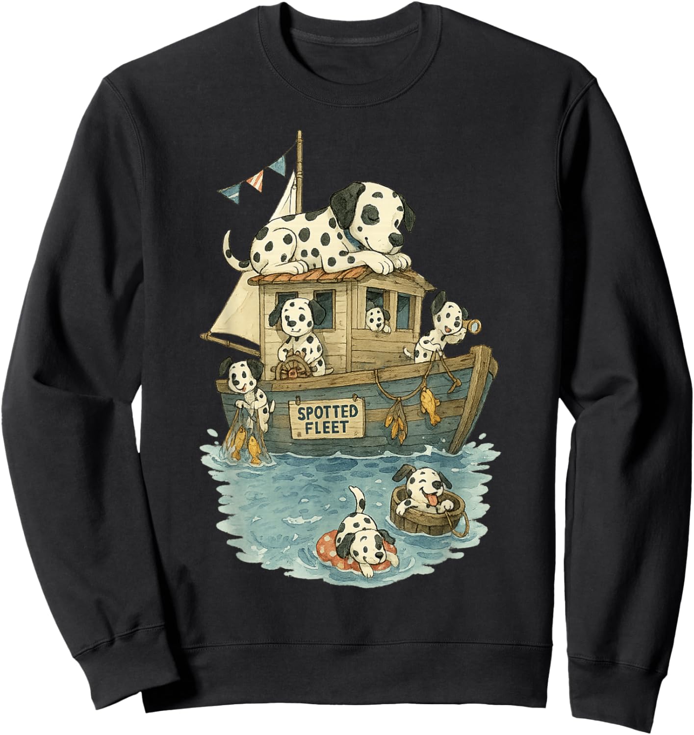 Funny Dalmatian Dog Nautical Boat Design Women Kids Sweatshirt - Sweatshirt | Black
