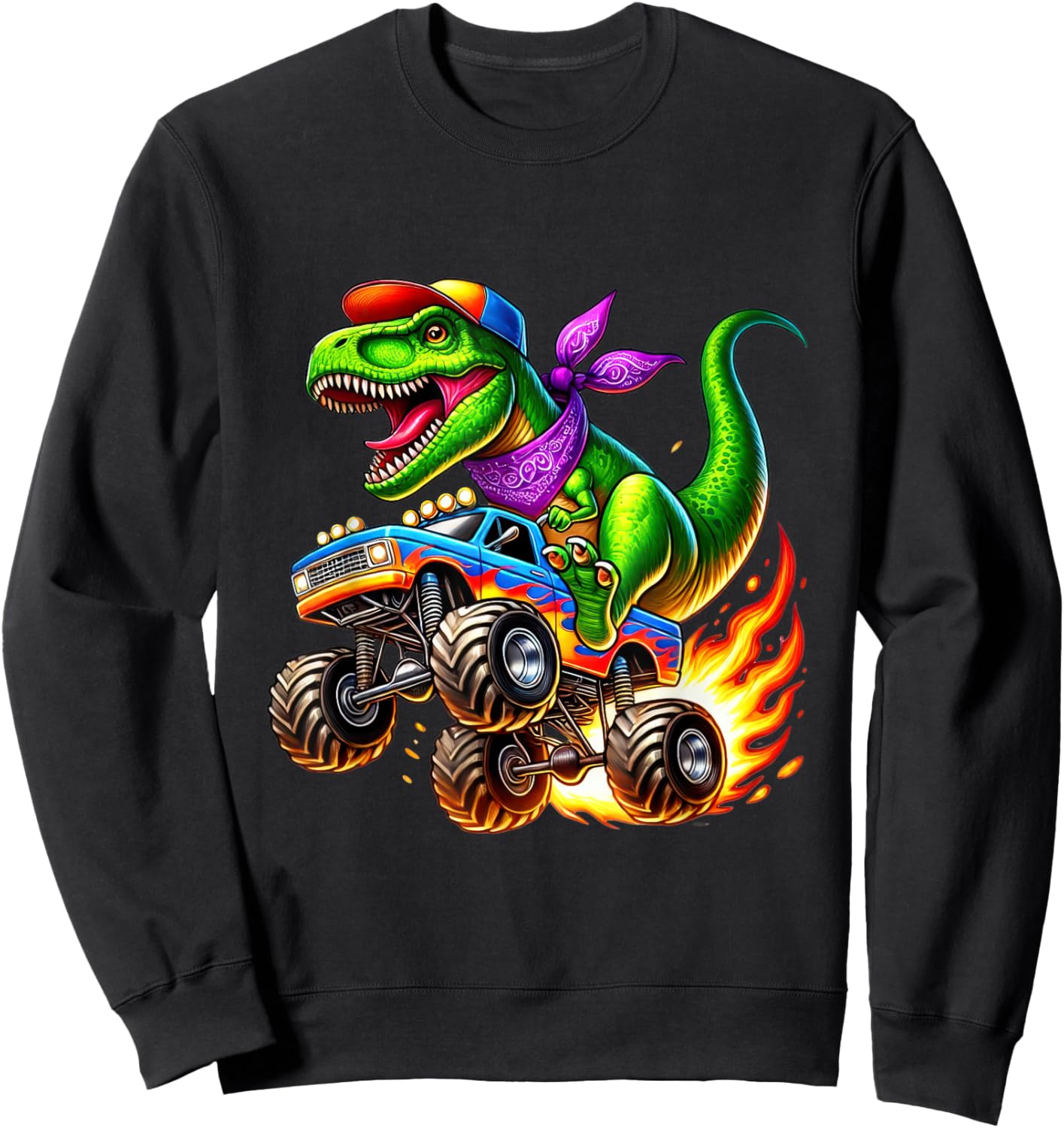 Adventurous Dinosaur On Monster Truck Sweatshirt - Sweatshirt | Black