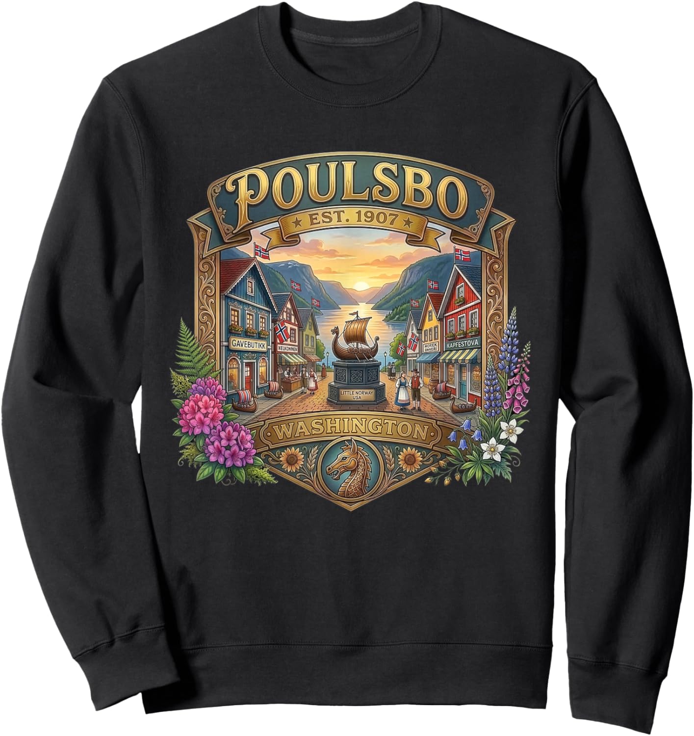 Poulsbo Washington Little Norway Liberty Bay Souvenir Sweatshirt - Sweatshirt | Black