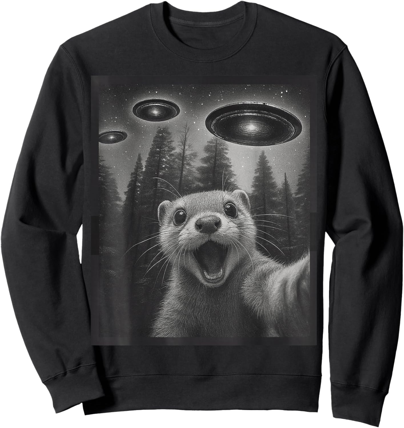 Funny Ferret Selfie Alien UFO Gifts Women Boy Kid Sweatshirt - Sweatshirt | Black