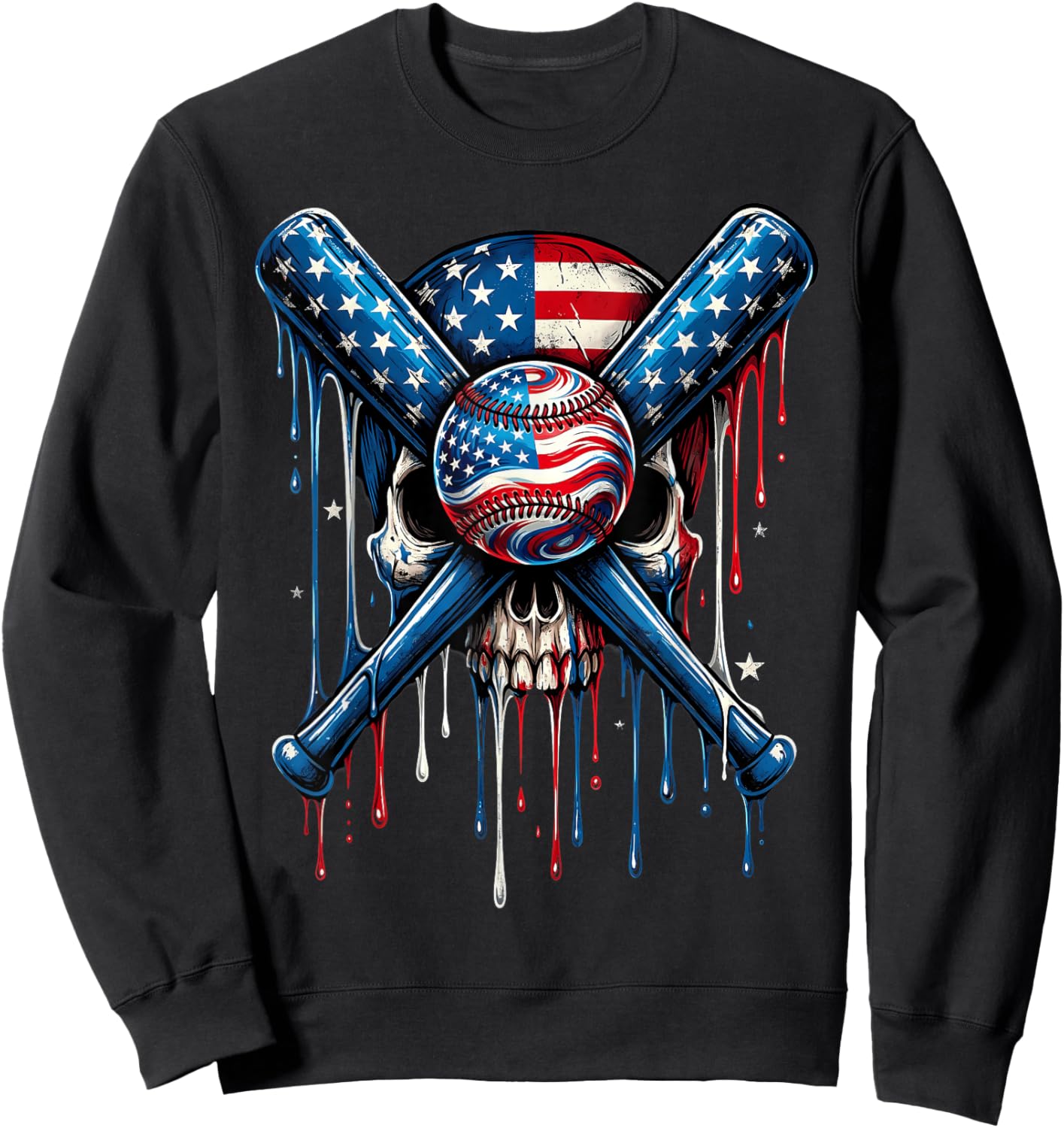 American Flag Baseball Drip Dripping Baseball Skull Sweatshirt - Sweatshirt | Black