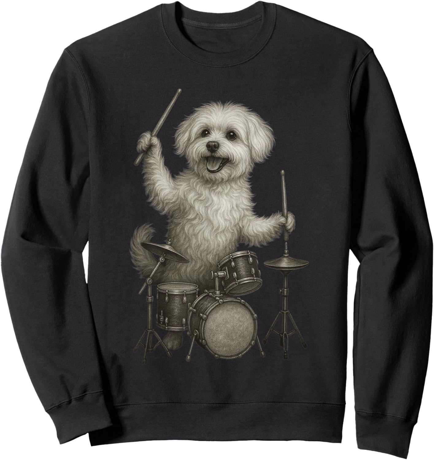 Maltese Dog Playing Drums Funny Drummer Dogs Lover Sweatshirt - Sweatshirt | Black