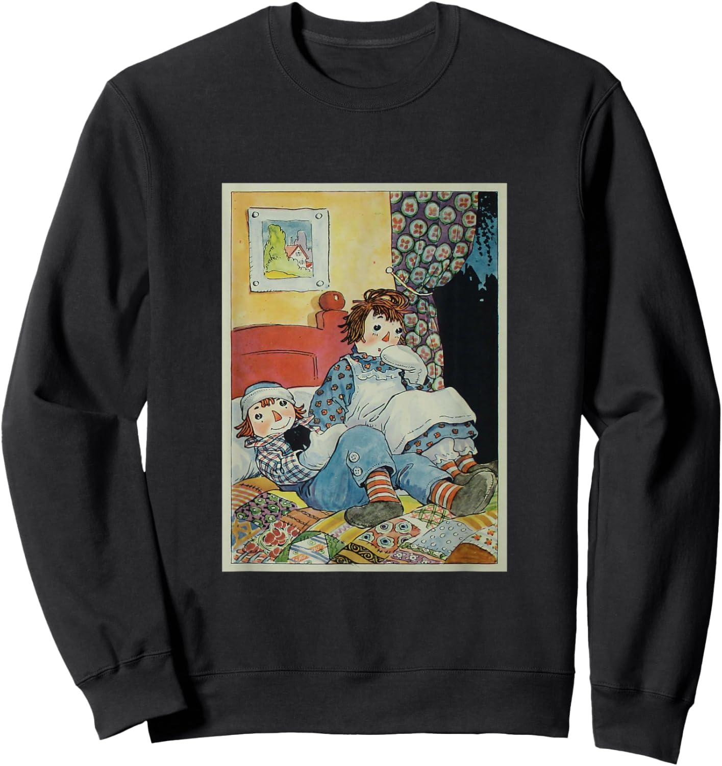Children's Rag Doll Story Raggedy Ann & Andy on a Bed (1924) , Small, Black Sweatshirt - Sweatshirt | Black