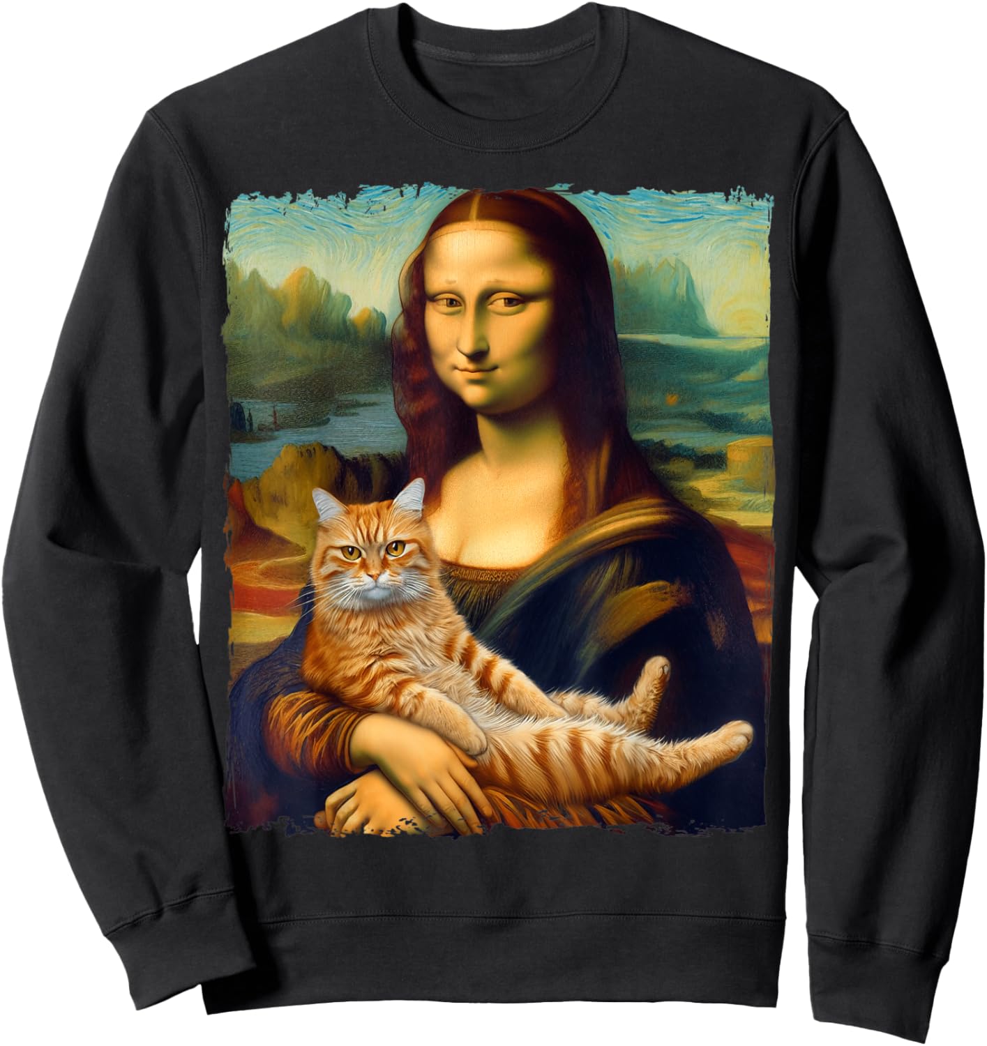 Mona Lisa Holding Cat Portrait Art Painting Kitty Cat Mom Men Women Kids Sweatshirt - Sweatshirt | Black