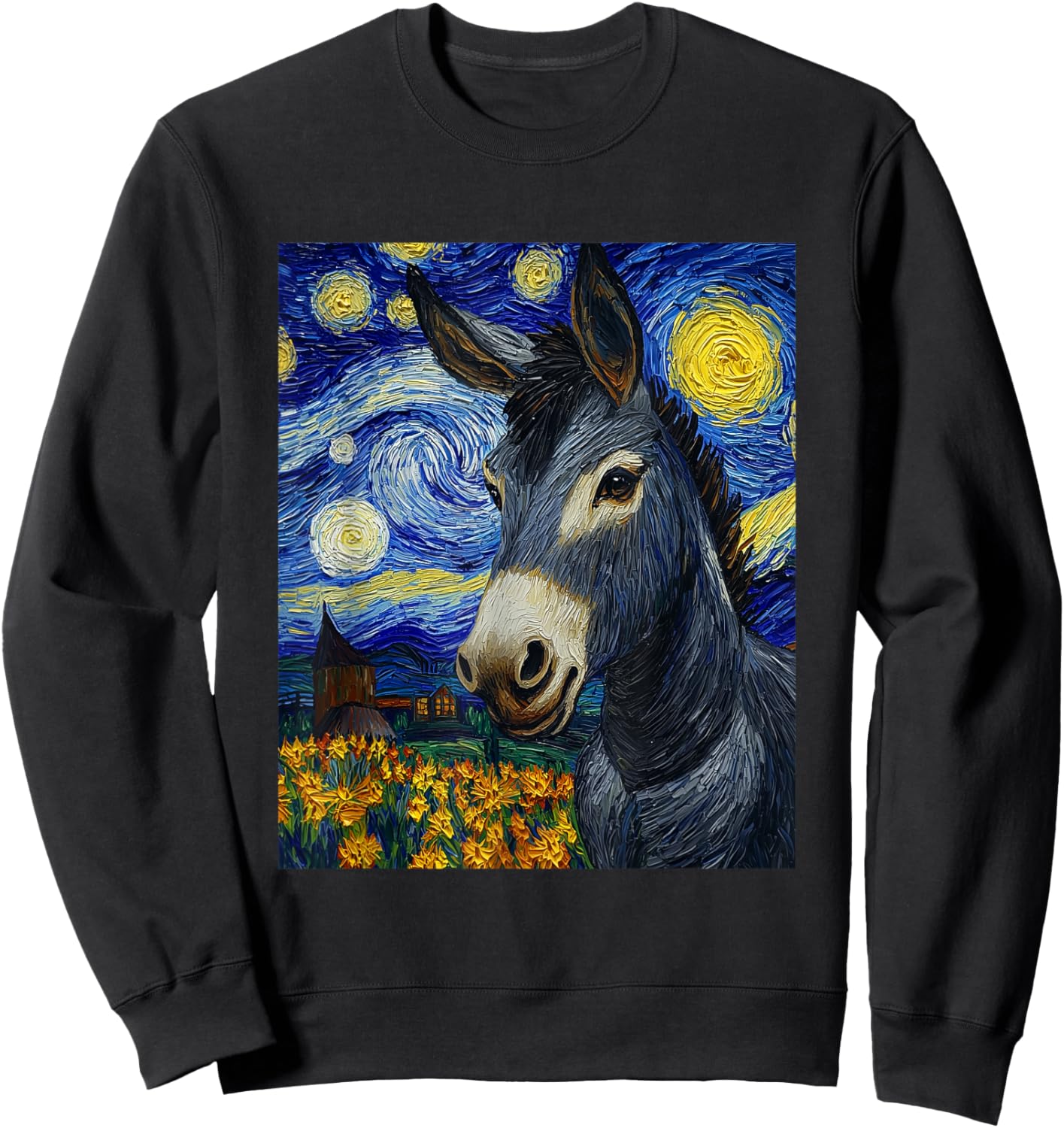Funny Donkey - Van Gogh Style - Starry Night Graphic Sweatshirt - Sweatshirt | Black