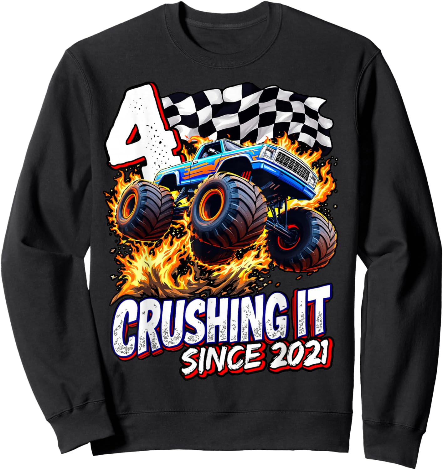 Birthday Monster Truck 4 year Old Boys 4th Party Born 2021 Sweatshirt - Sweatshirt | Black