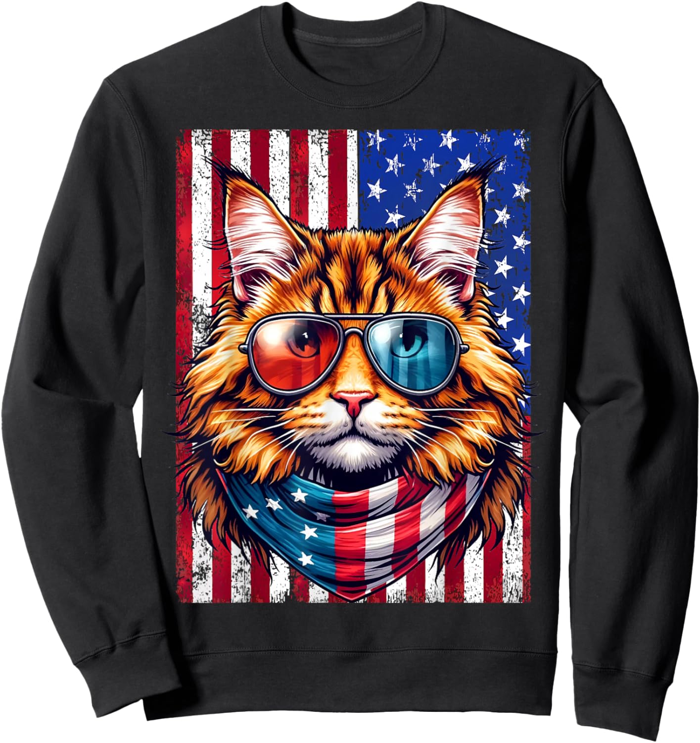 Maine Coon Wearing USA Flag Cat Lover Patriotic 4th of July Sweatshirt - Sweatshirt | Black