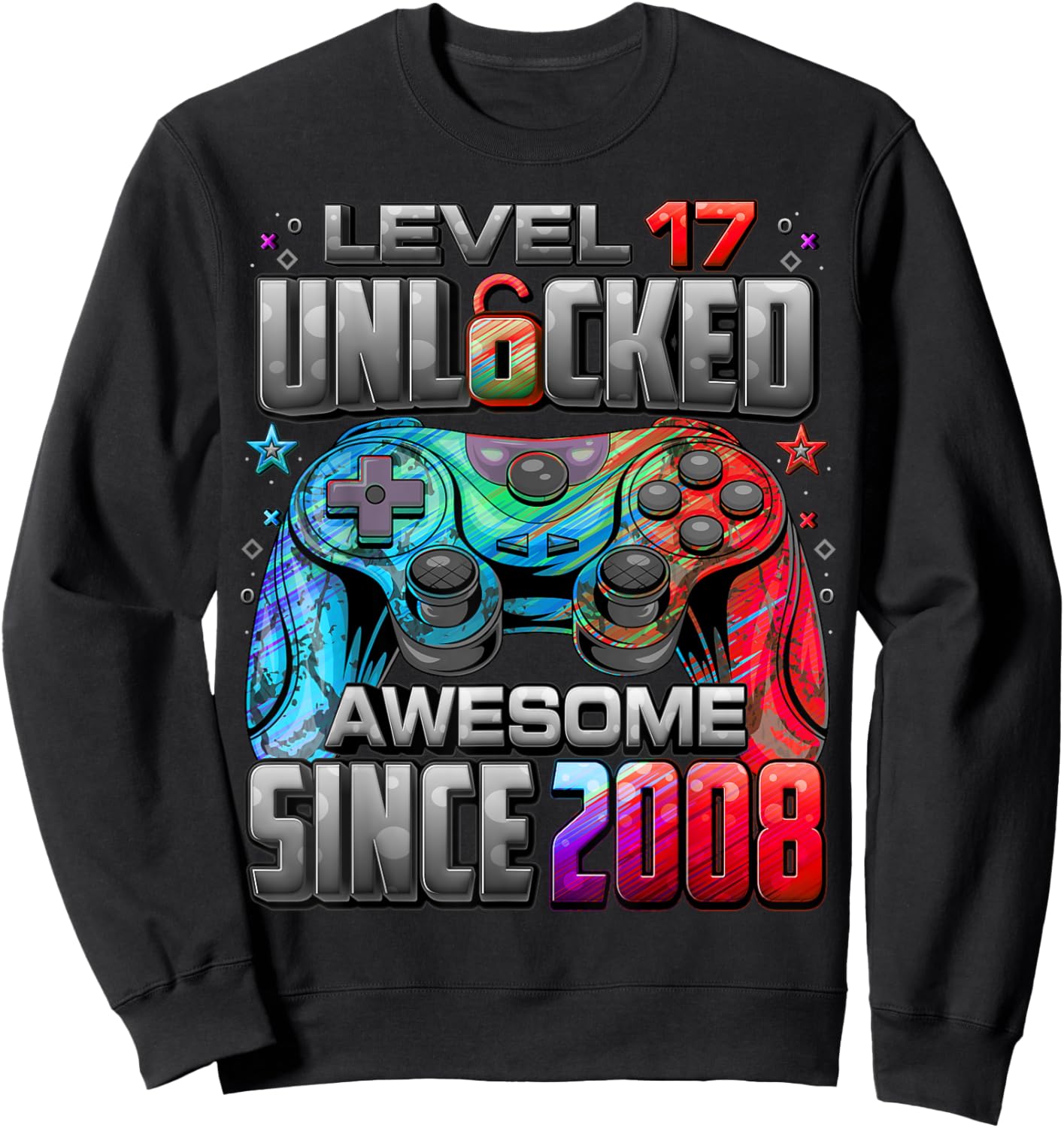 Level 17 Unlocked Awesome Since 2008 17th Birthday Gaming Sweatshirt - Sweatshirt | Black