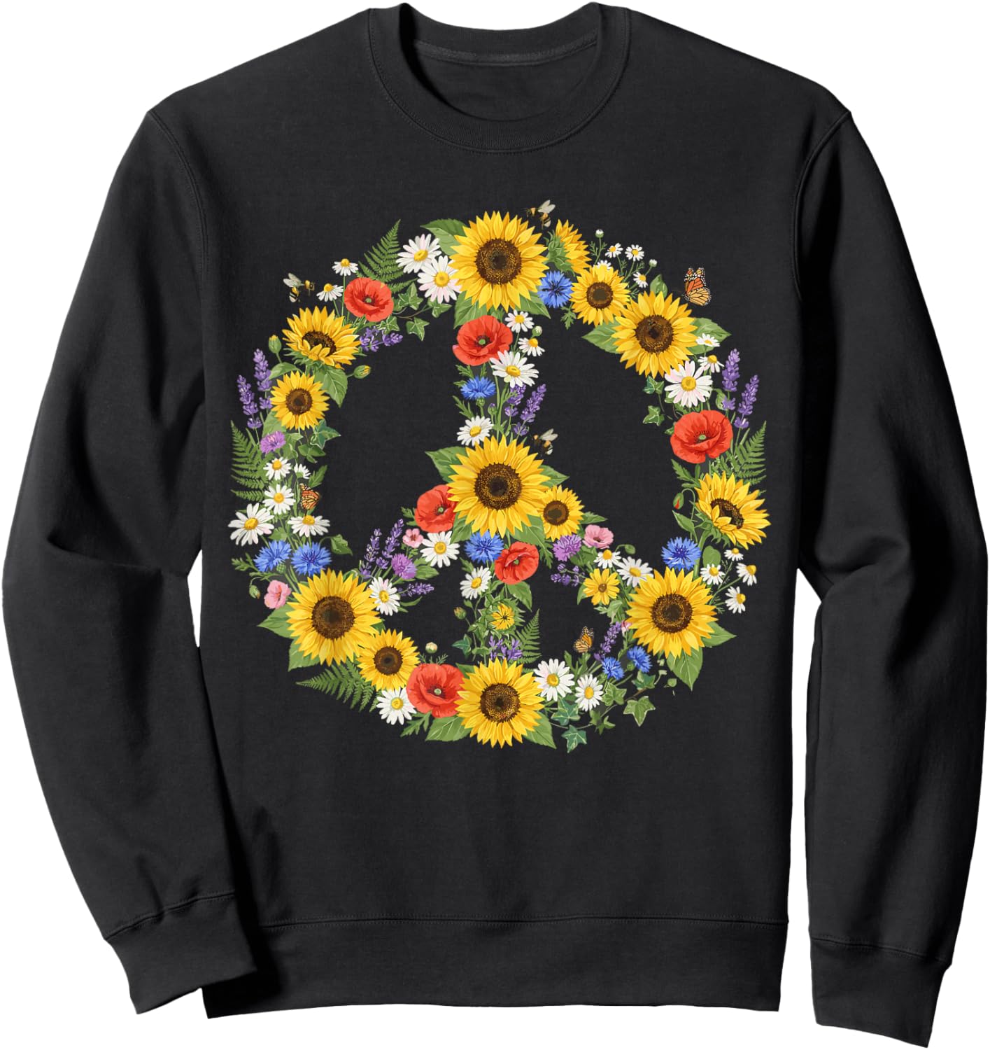 Hippie Peace Sign 60s 70s Retro Groovy Flowers Floral Sweatshirt - Sweatshirt | Black