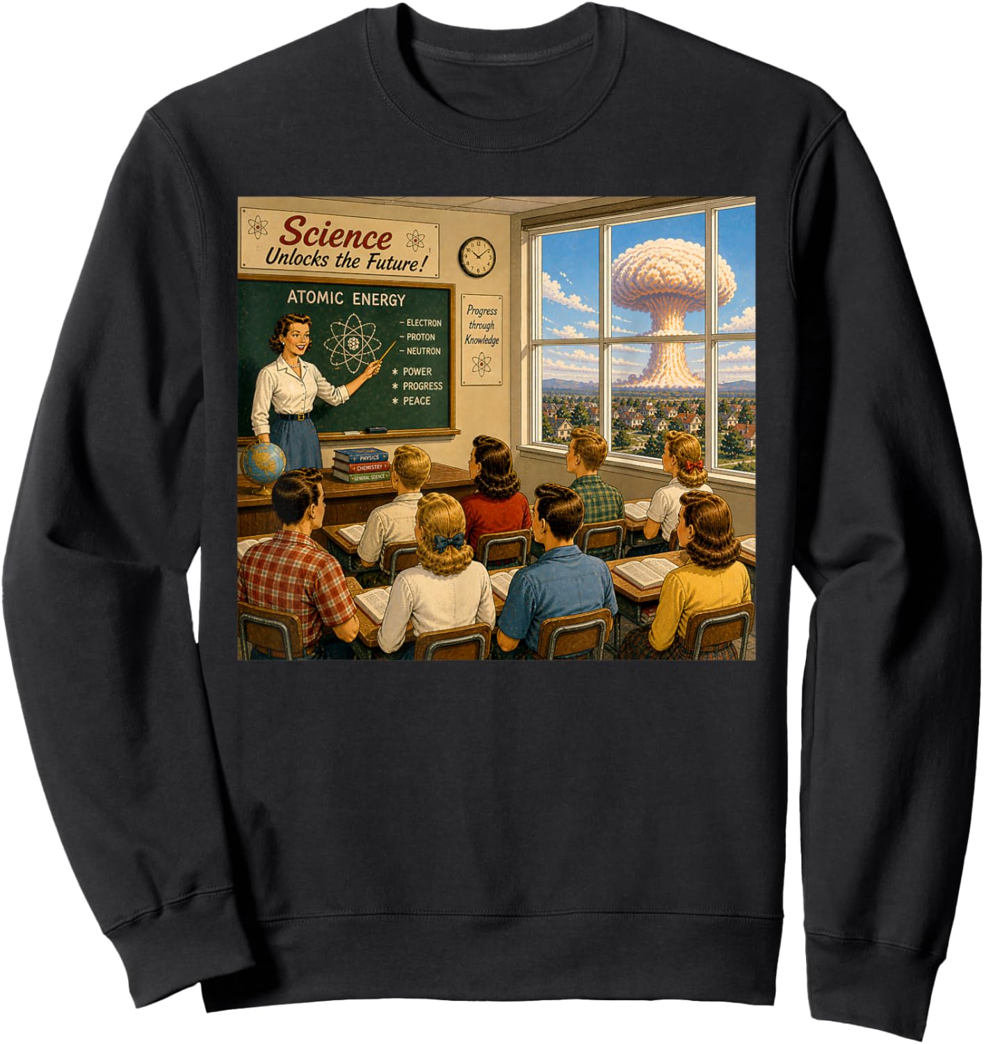 1950s Classroom Atomic Bomb Science Future Ironic Scene Sweatshirt - Sweatshirt | Black