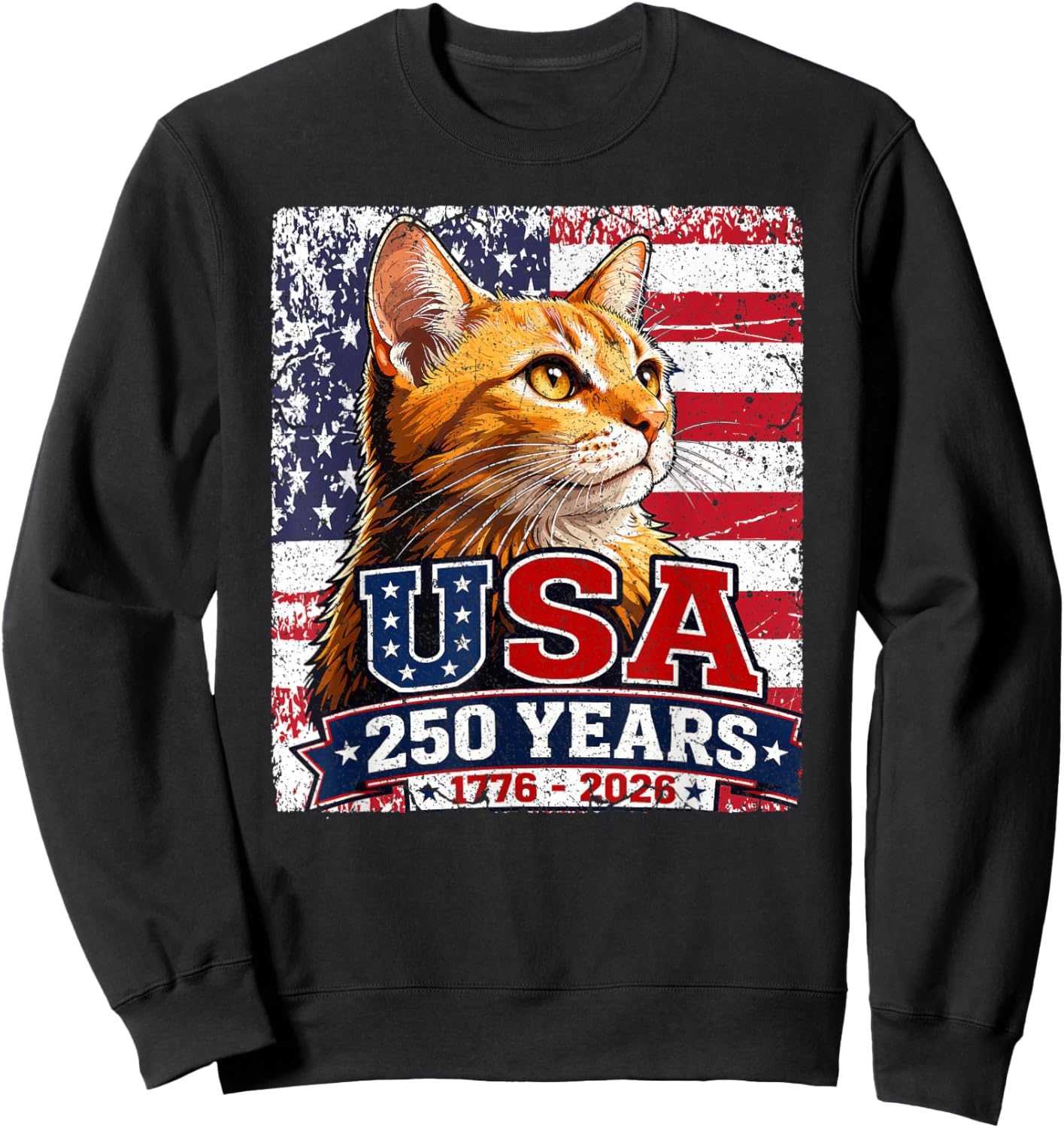 Yellow Tabby Patriotic Cat 250 Years Birthday USA Sweatshirt - Sweatshirt | Black