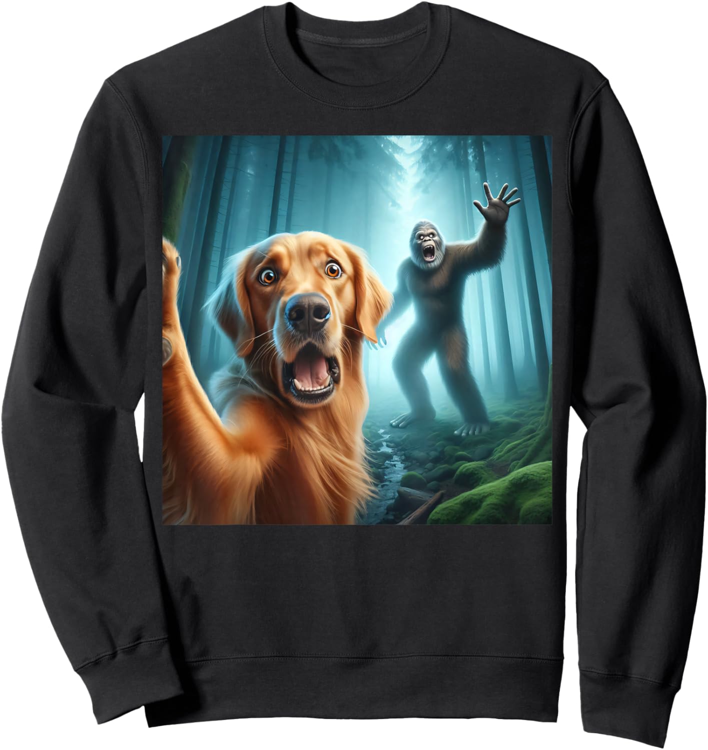 Golden retriever Selfie with bigfoot sasquatch Sweatshirt - Sweatshirt | Black
