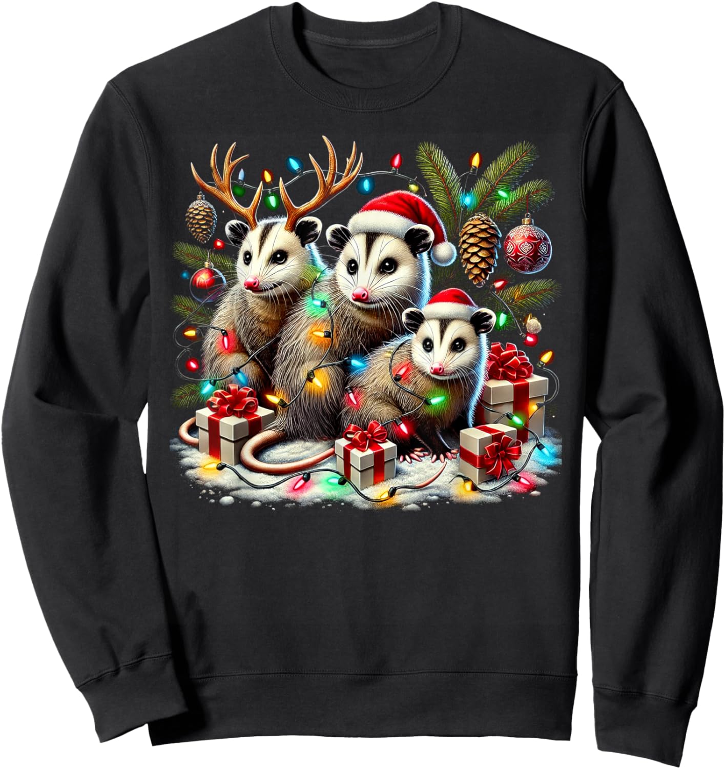 Hilarious Opossums in Christmas Lights Holiday Possum Spirit Sweatshirt - Sweatshirt | Black