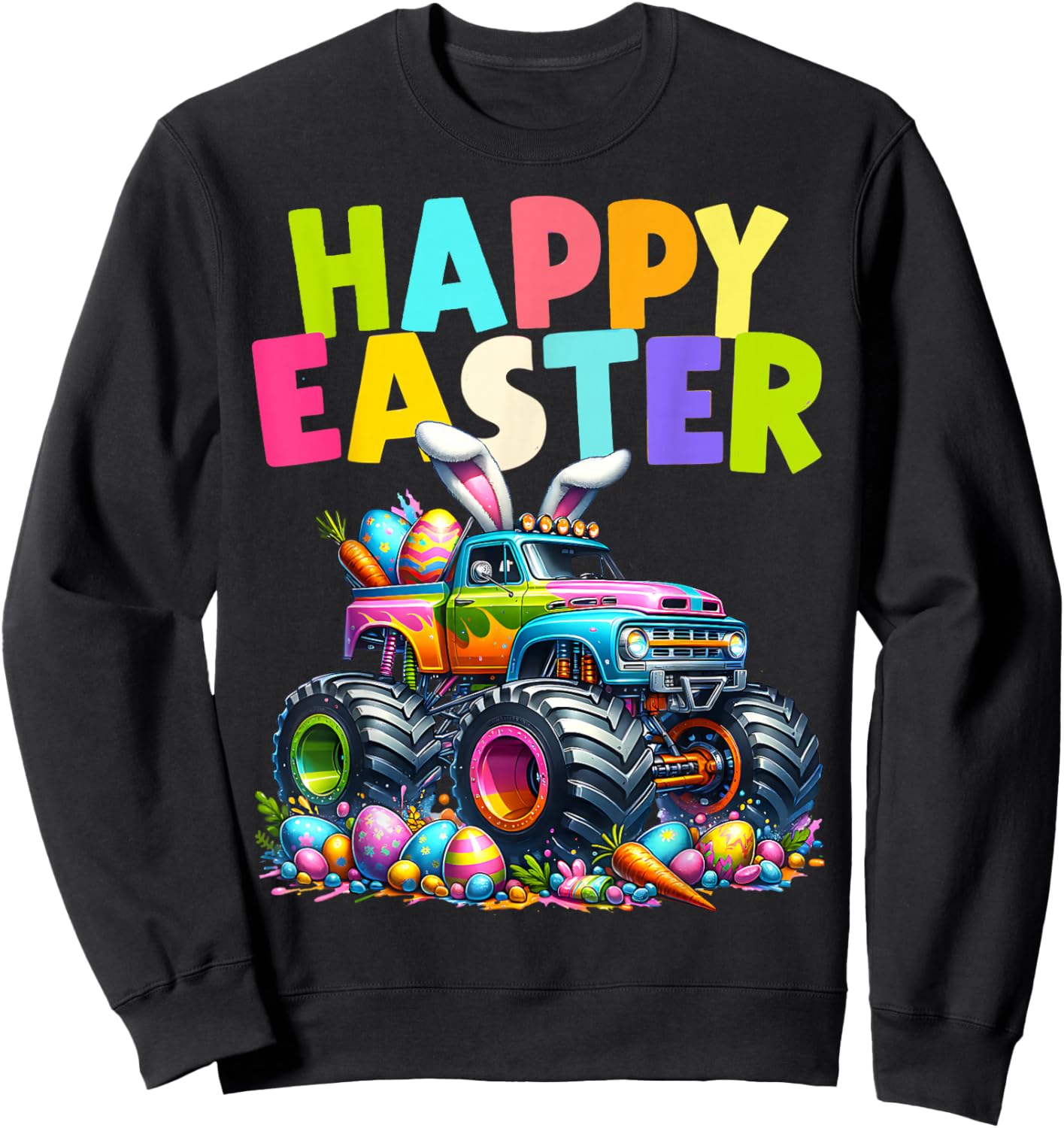 Boys Happy Easter Monster Truck Easter Eggs Hunt Toddler Kid Sweatshirt - Sweatshirt | Black