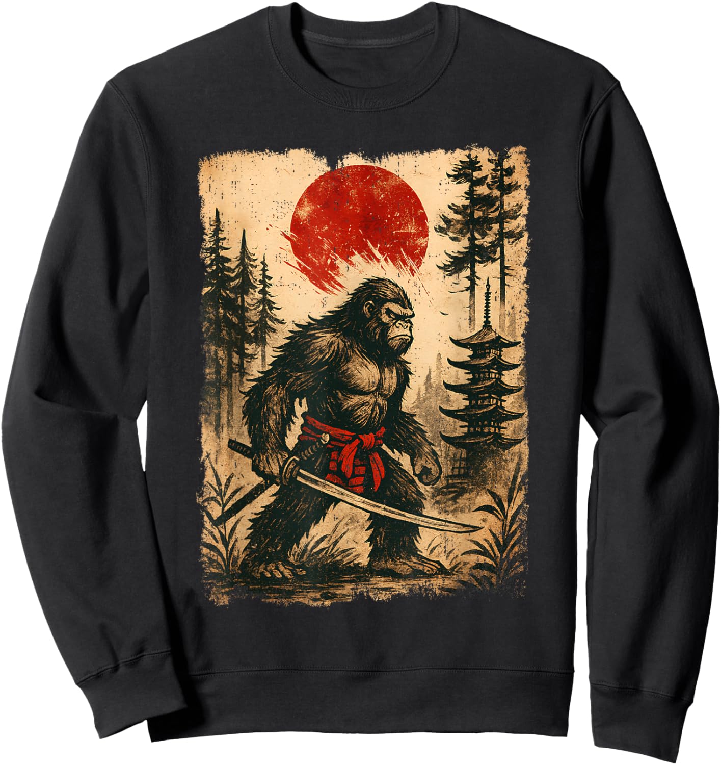 Funny Samurai Bigfoot Japanese Vintage Sasquatch Ukiyo-e Sweatshirt - Sweatshirt | Black