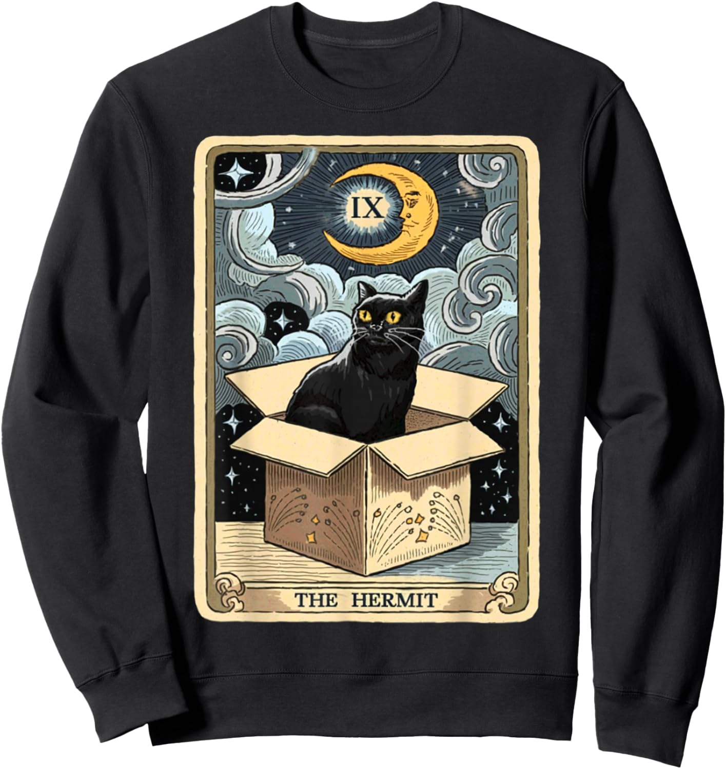 The Hermit Tarot Card Cat In Box Mystic Funny Cat Esoteric Sweatshirt - Sweatshirt | Black