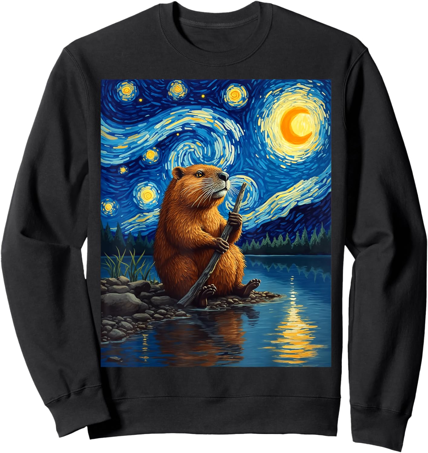 Van Gogh's Starry Night Beaver River Wildlife Art Sweatshirt - Sweatshirt | Black