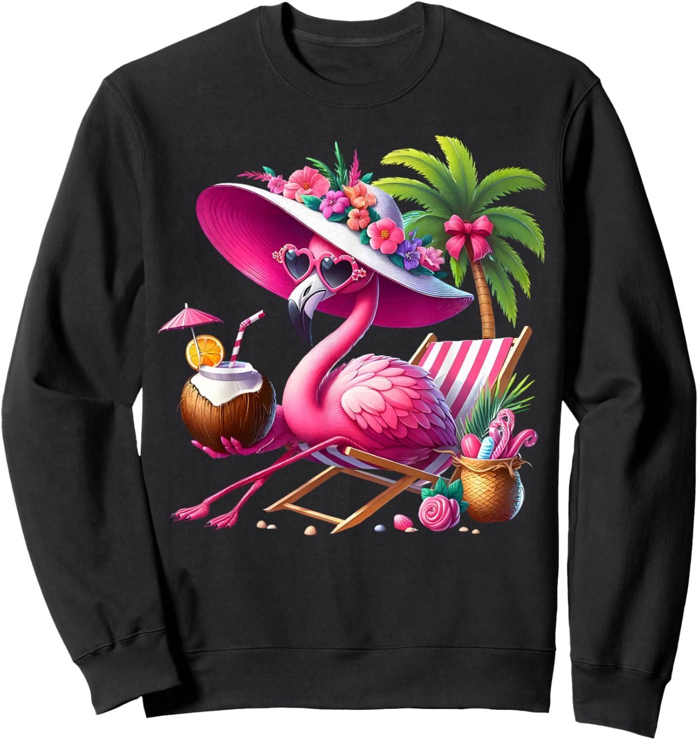 Flamingo Pink Palm Tree Tropical Beach Summer Holiday Women Sweatshirt - Sweatshirt | Black