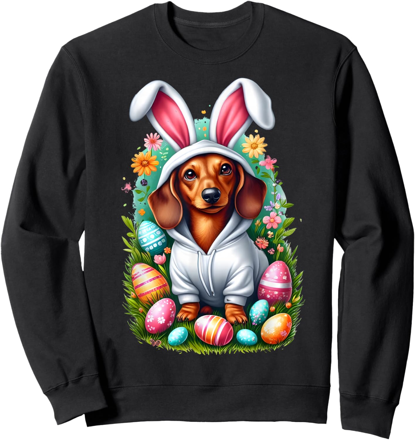 Cute Dachshund Easter Bunny Funny Wiener Dog Easter Egg Hunt Sweatshirt - Sweatshirt | Black