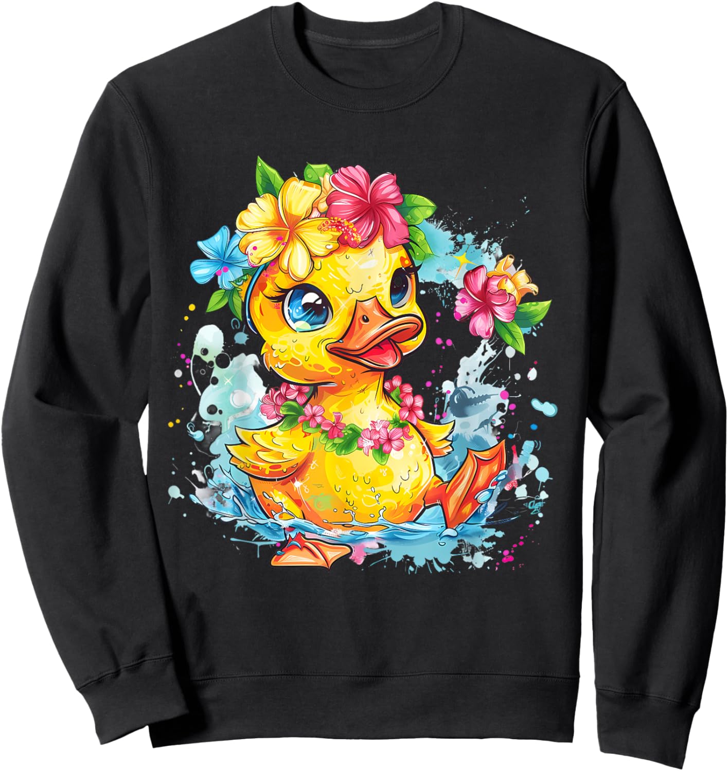 Rubber Duck Floral Hawaiian Watercolor Rubber Duck Lover Sweatshirt - Sweatshirt | Black