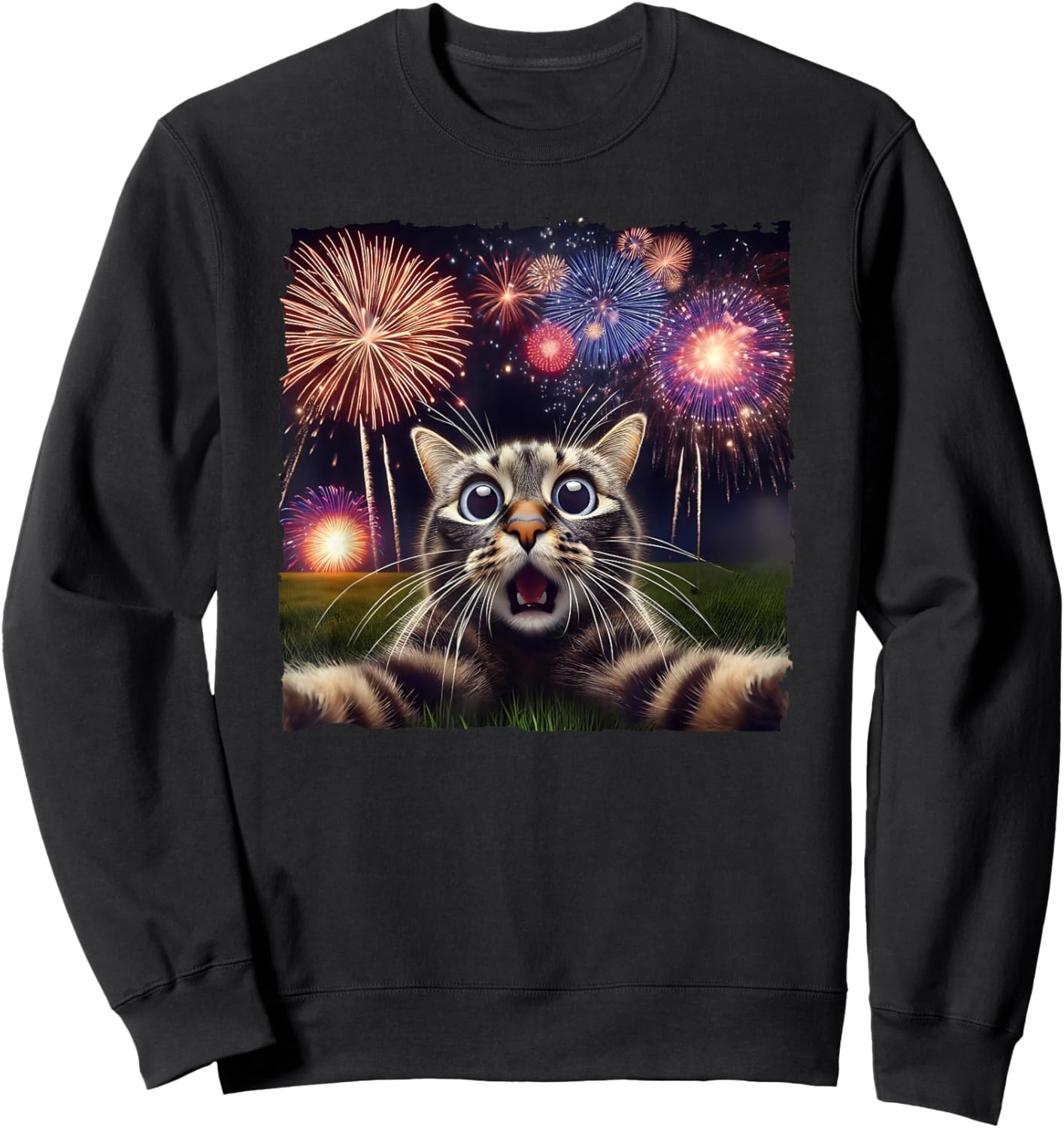 Cat Selfie with Fireworks Fourth of July 4th Fireworks Women Kids Sweatshirt - Sweatshirt | Black