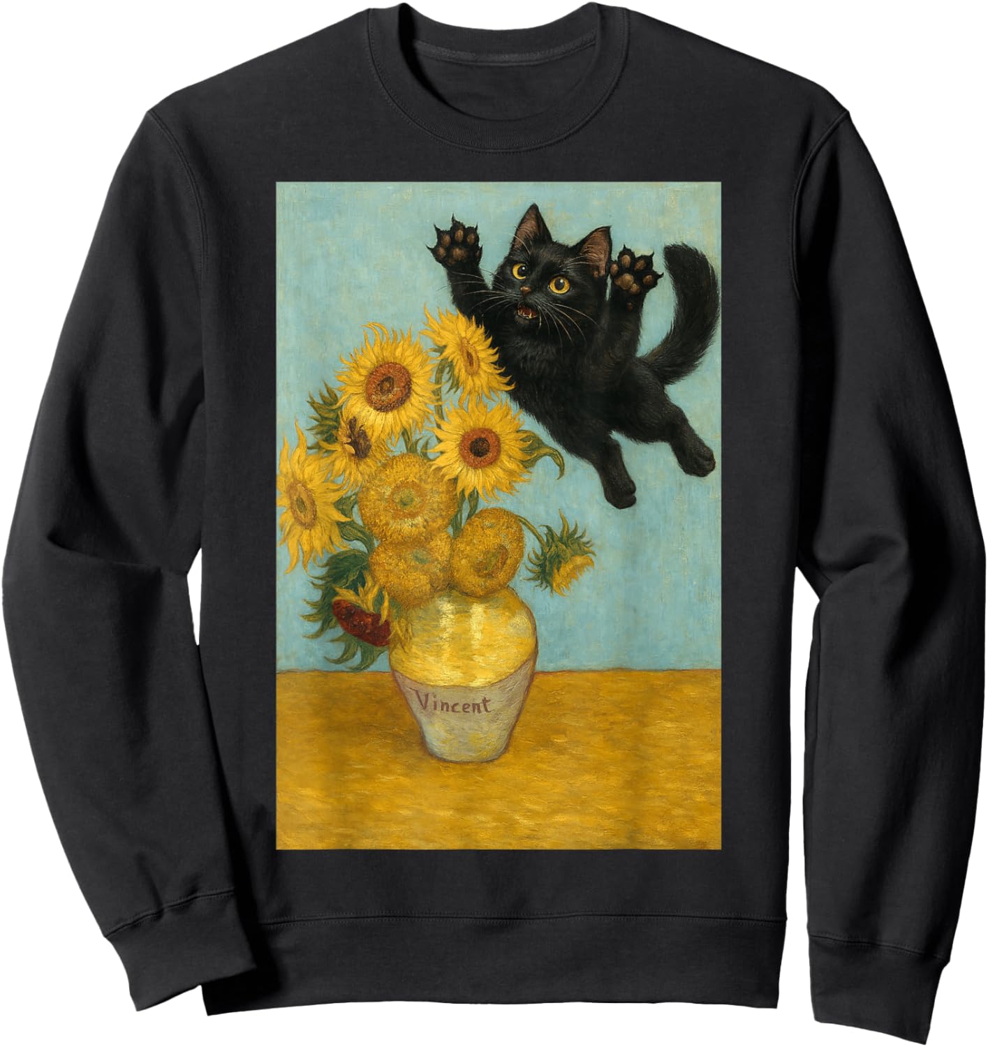 Mischievous cat Sunflowers Van Gogh Painting Feline Sweatshirt - Sweatshirt | Black