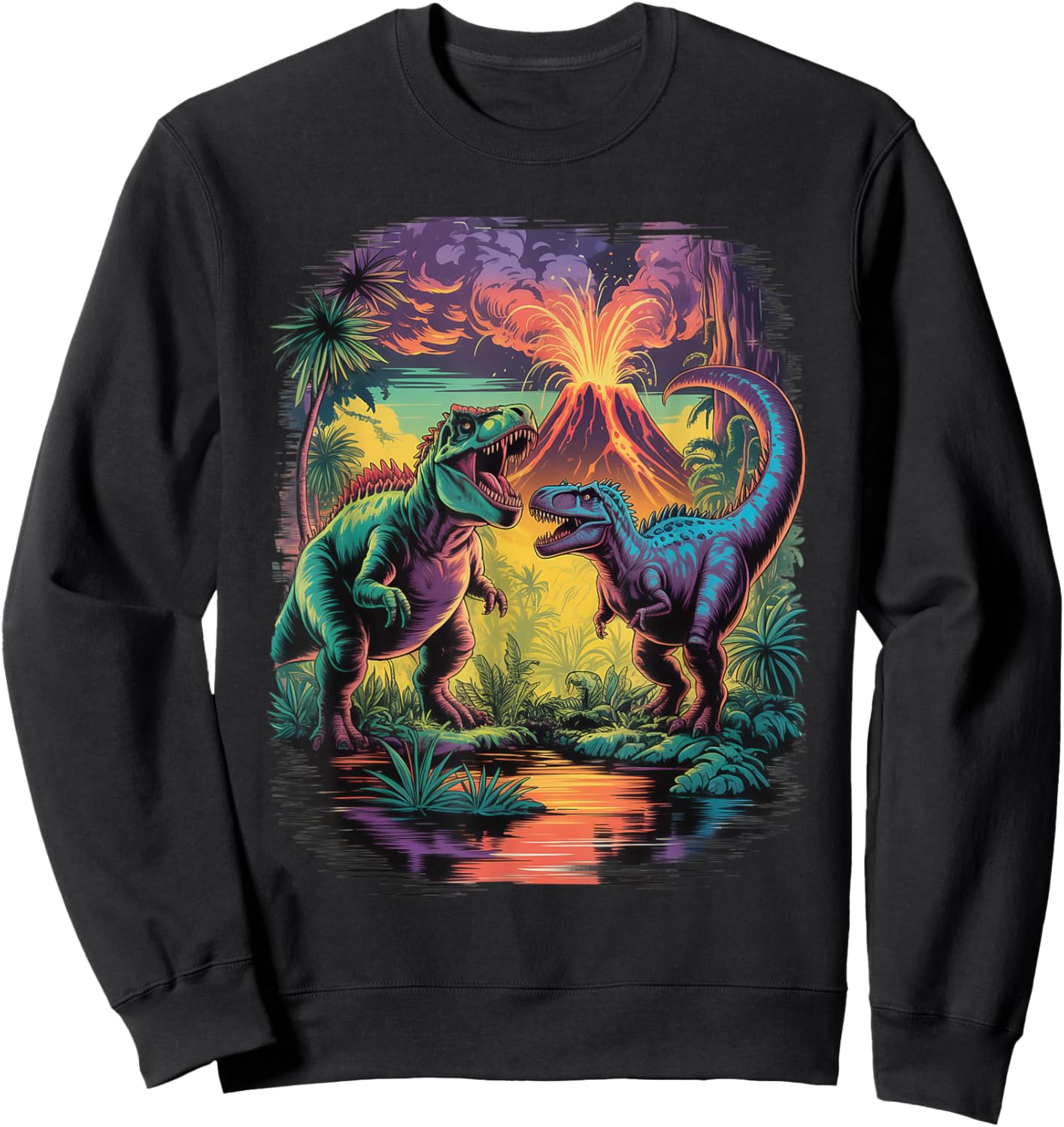 Vintage Retro 90s Airbrushed Dinosaur Volcano Scene Sweatshirt - Sweatshirt | Black