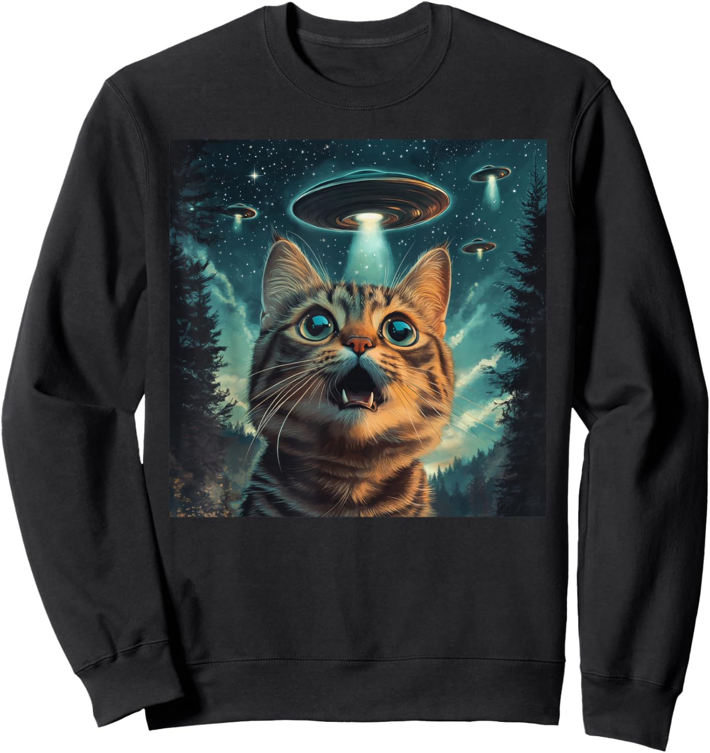 Cat Selfie With Alien UFO Funny Cat Men Women Kids Sweatshirt - Sweatshirt | Black