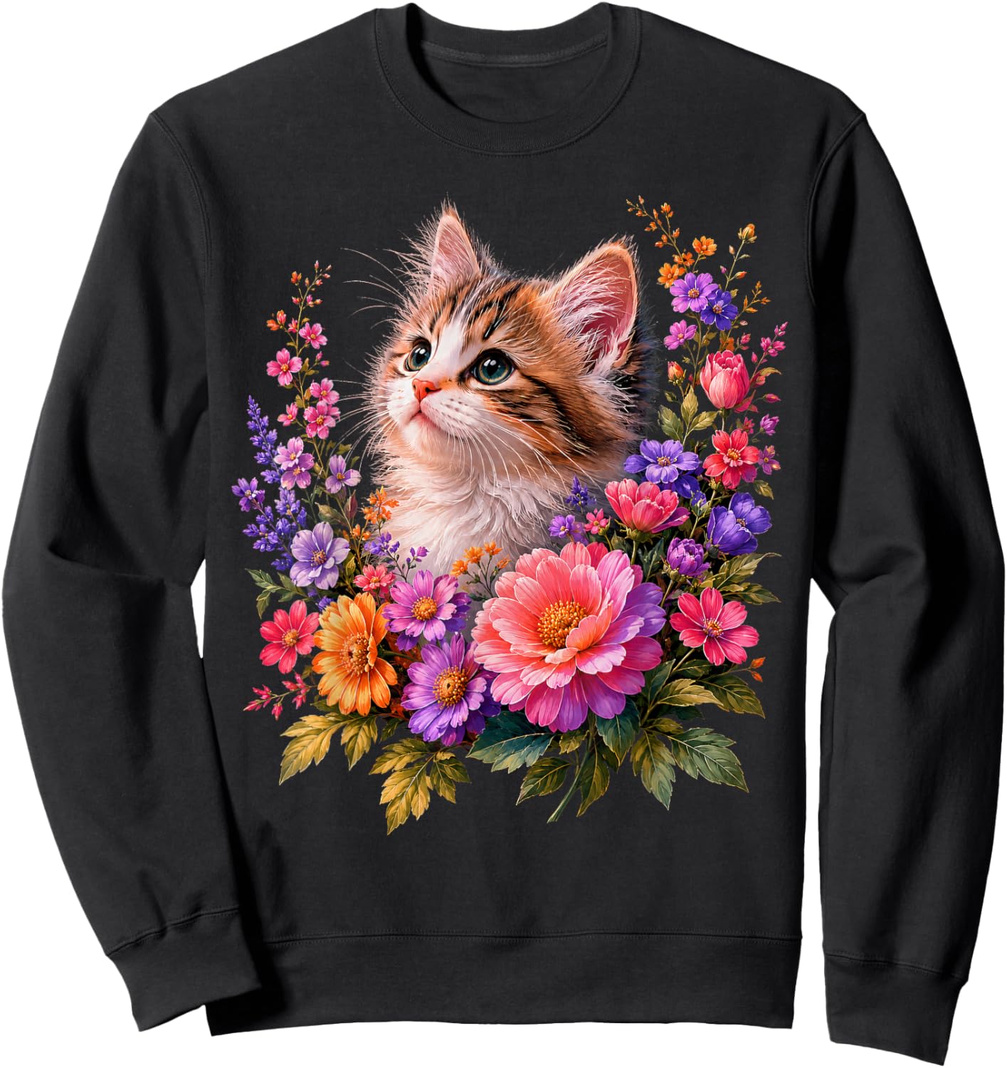 Cat Flower Floral Cute Kitten Vintage Flowers Art Cat Lover Sweatshirt - Sweatshirt | Black