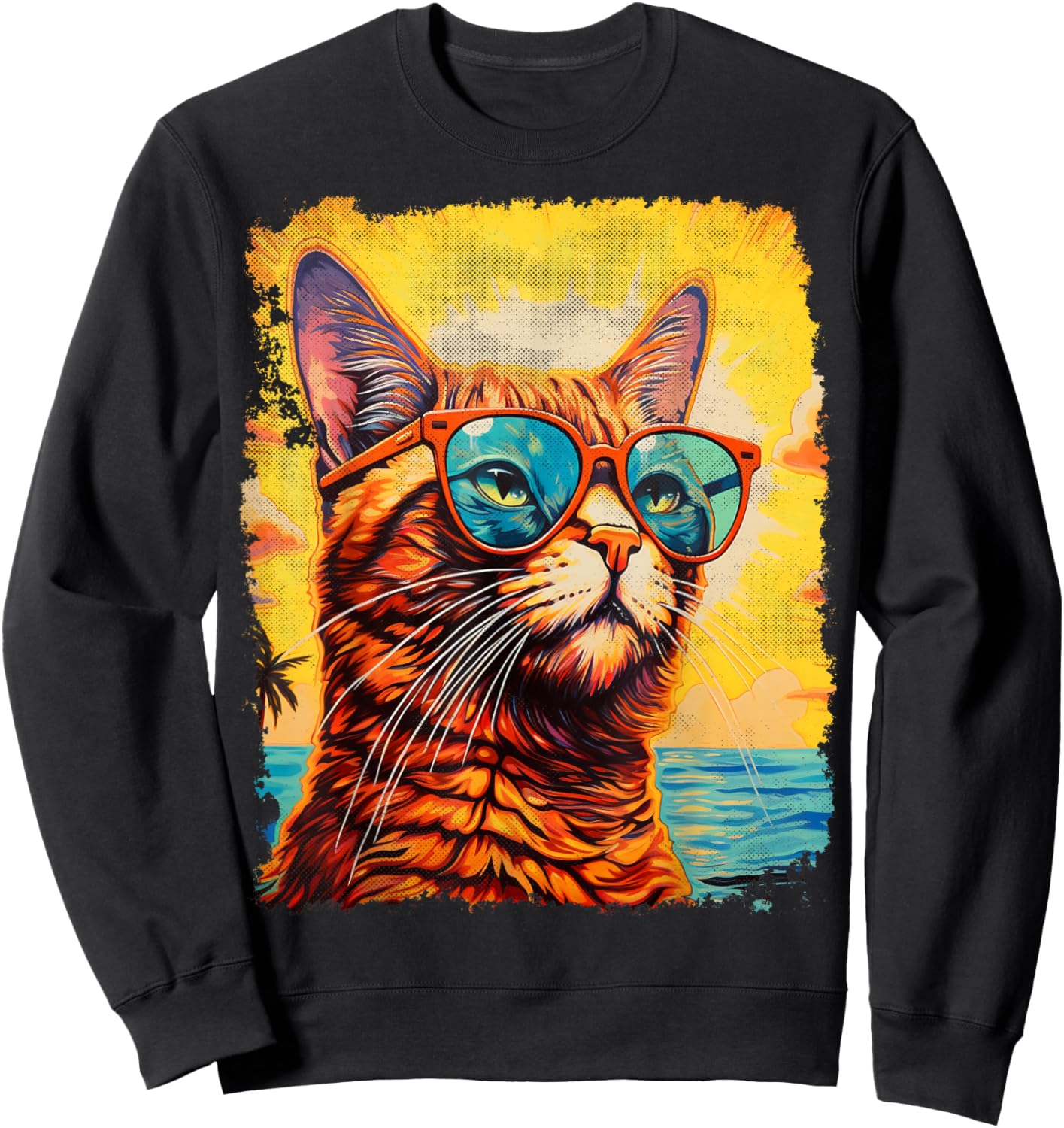 Cat with Sunglasses Graphic Hawaiian Sweatshirt - Sweatshirt | Black