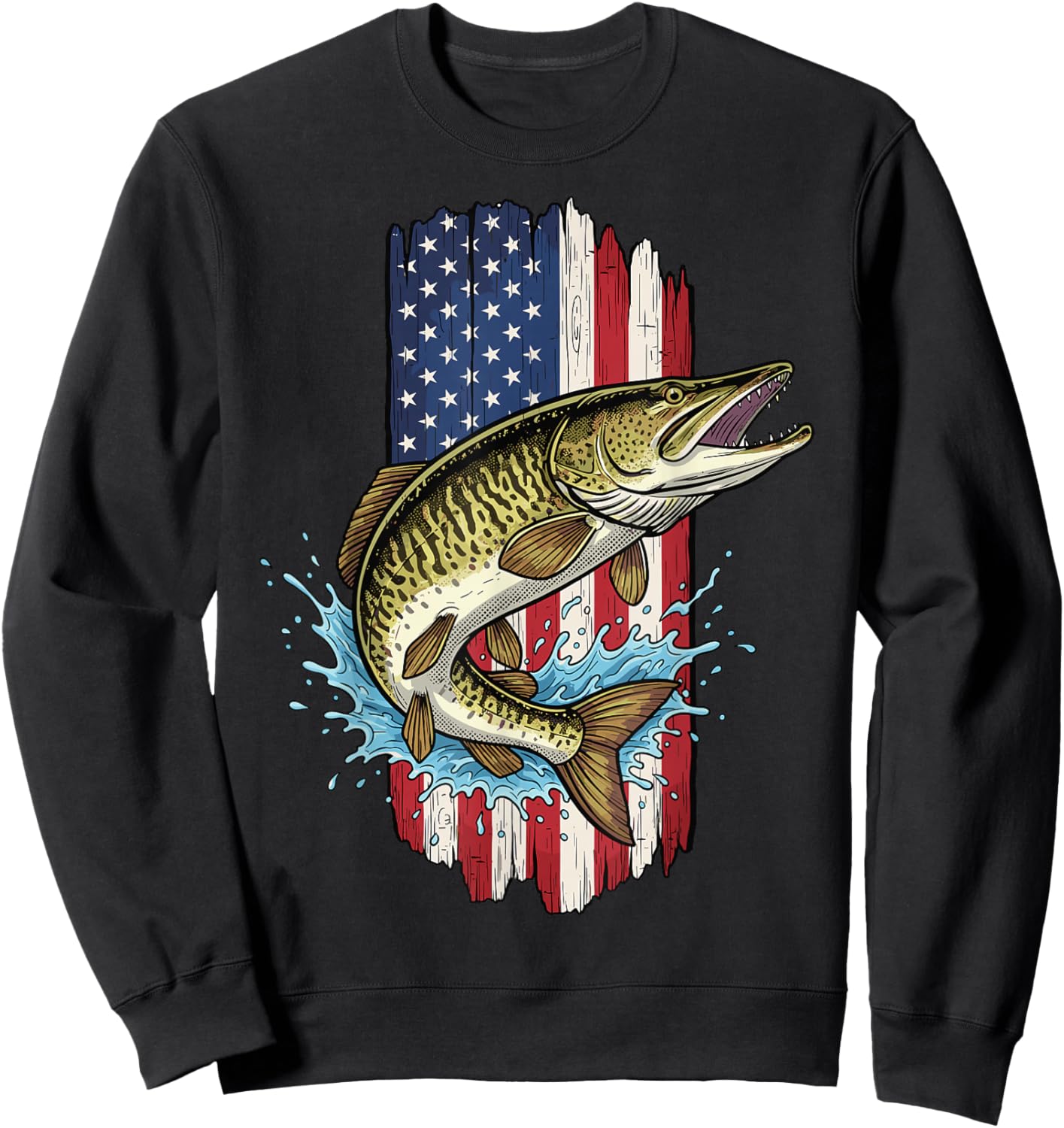 Musky Fishing, American Flag with Musky Sweatshirt - Sweatshirt | Black